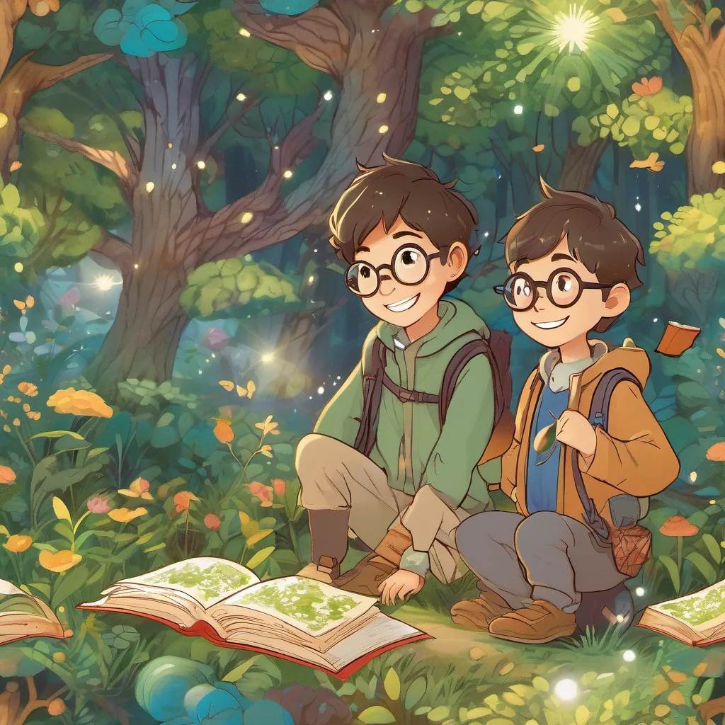 a small boy with large glasses and a big, adventurous smile, wearing outdoor clothes ready for a quest and a magical book with a glittery gold cover and colorful pages that shimmer and flap walking through a magical forest with whispering trees and singing flowers, following a detailed map.