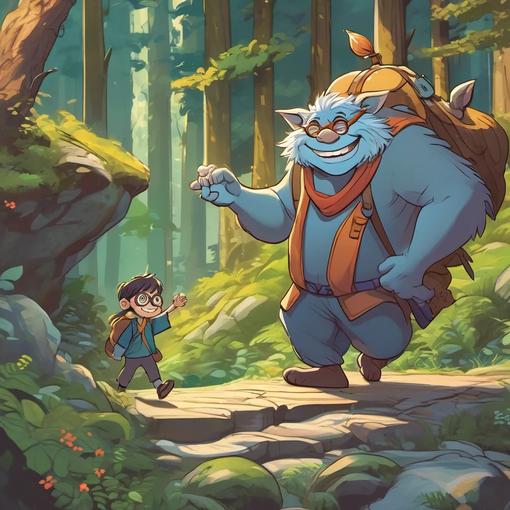 A large, mischievous troll blocking the path in the forest, grinning at a small boy with large glasses and a big, adventurous smile, wearing outdoor clothes ready for a quest and a magical book with a glittery gold cover and colorful pages that shimmer and flap, holding up three fingers.