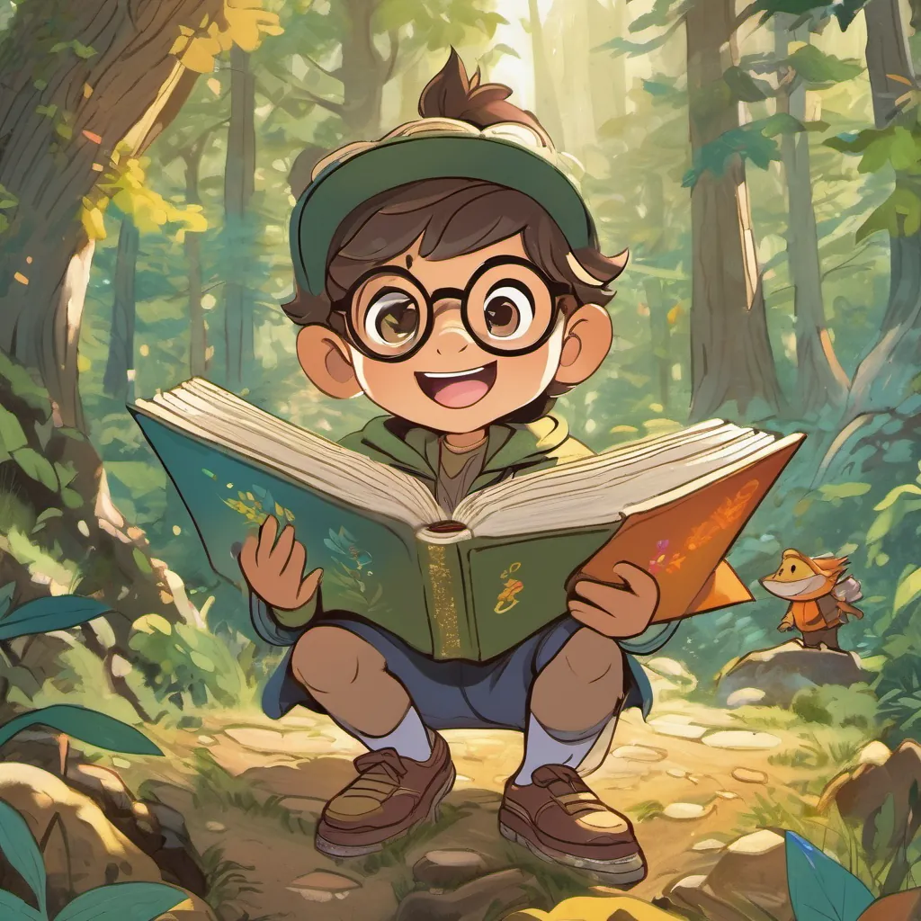 a small boy with large glasses and a big, adventurous smile, wearing outdoor clothes ready for a quest and a magical book with a glittery gold cover and colorful pages that shimmer and flap answering riddles with the a large, mischievous troll with a cheeky grin, dressed in forest garb smiling and clapping, delighted by their bravery and cleverness.