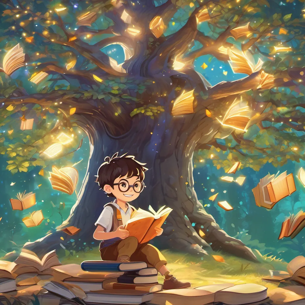 A magnificent magical tree with glowing branches and leaves shaped like books, a small boy with large glasses and a big, adventurous smile, wearing outdoor clothes ready for a quest and a magical book with a glittery gold cover and colorful pages that shimmer and flap dancing gleefully around it.