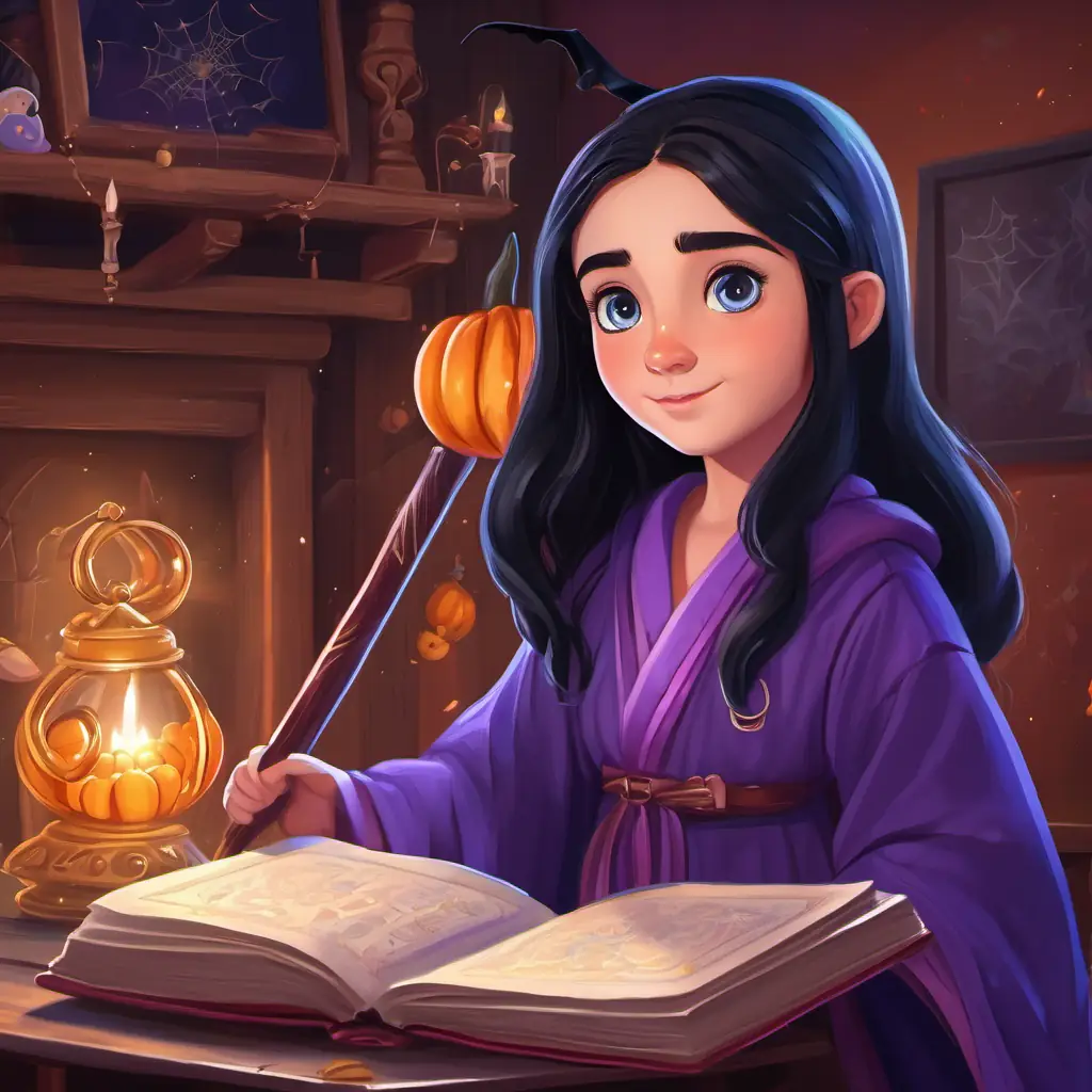 Lily has fair skin, with sparkly blue eyes and long black hair's bedroom, where she wakes up and gets ready for Spell School. She is wearing purple robes and has a sparkly backpack with her wand and spellbook.