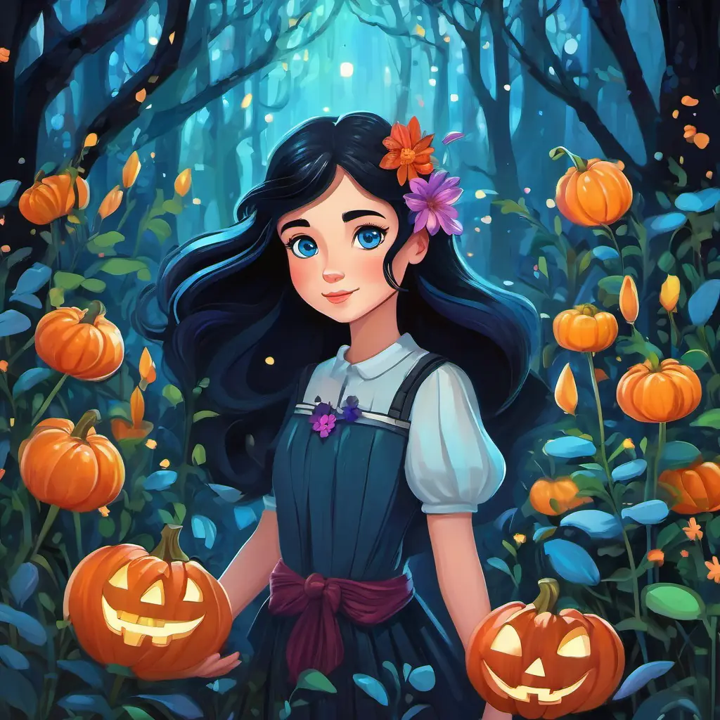 Enchanted forest with colorful flowers. Lily has fair skin, with sparkly blue eyes and long black hair is walking and counting the flowers she sees.