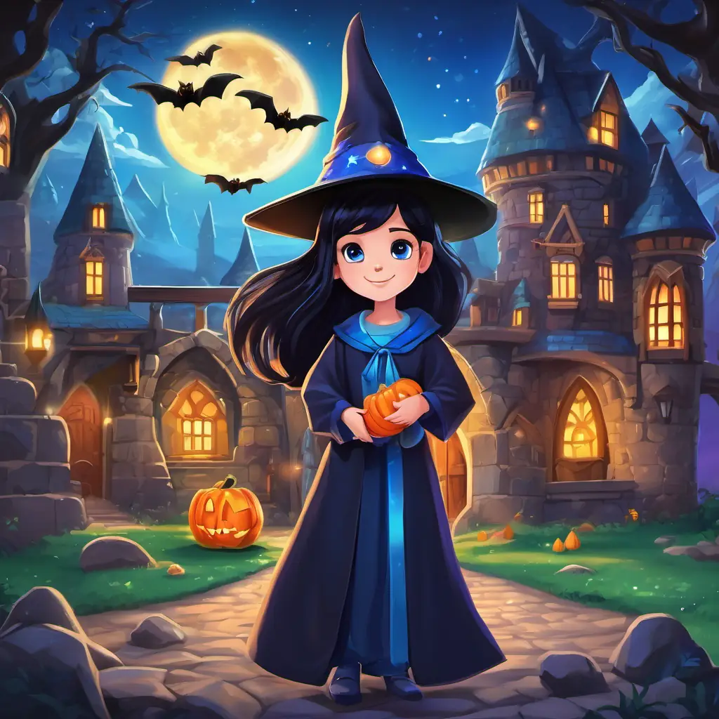 Spell School, a big castle made of sparkling stones. Lily has fair skin, with sparkly blue eyes and long black hair meets other young witches and wizards, as well as teachers in colorful robes with pointy hats. Lily has fair skin, with sparkly blue eyes and long black hair is learning magic skills like mixing potions, casting spells, and flying on a broomstick.