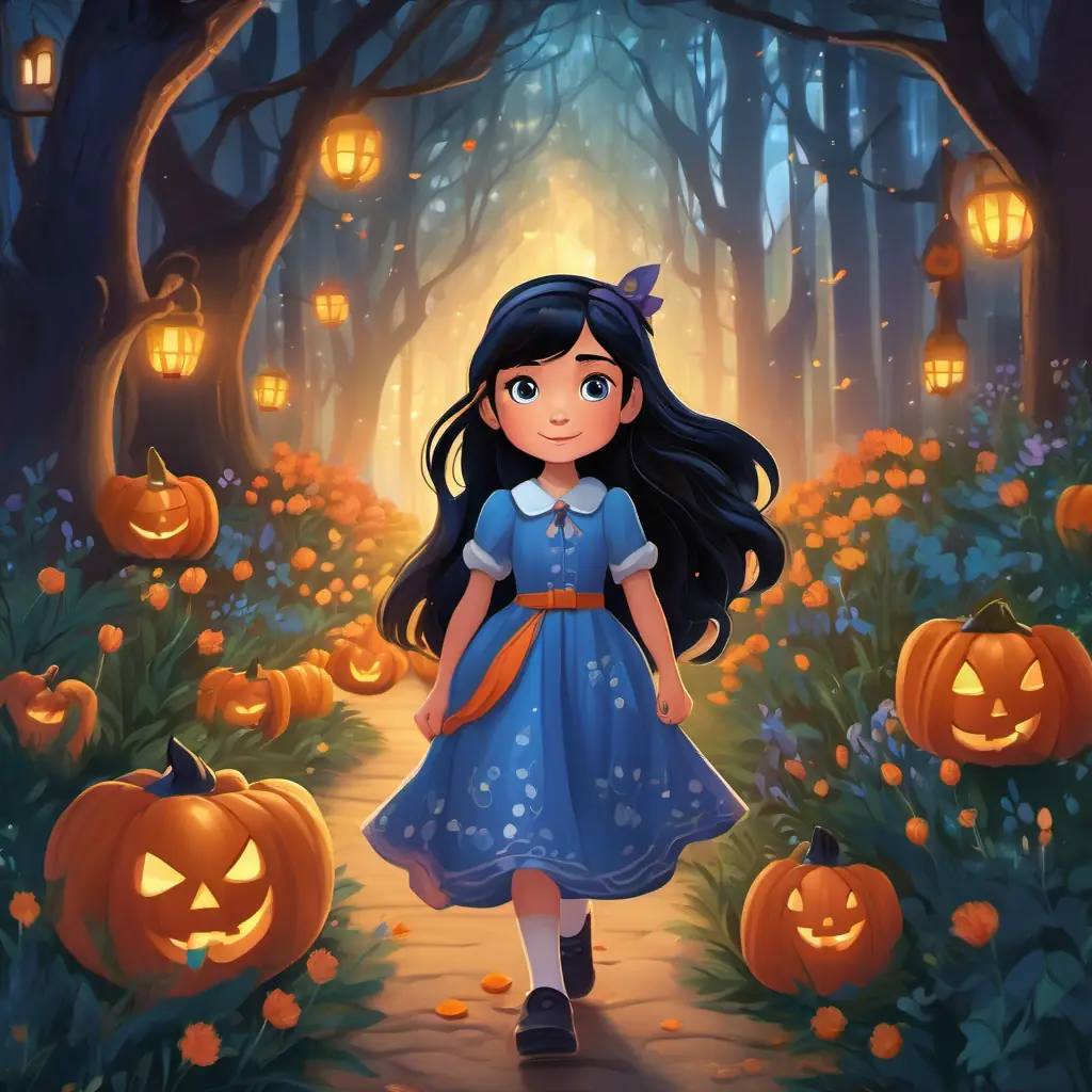 Enchanted forest at dusk. Lily has fair skin, with sparkly blue eyes and long black hair is walking back home, counting flowers even faster. She is tired but proud of her day at Spell School.