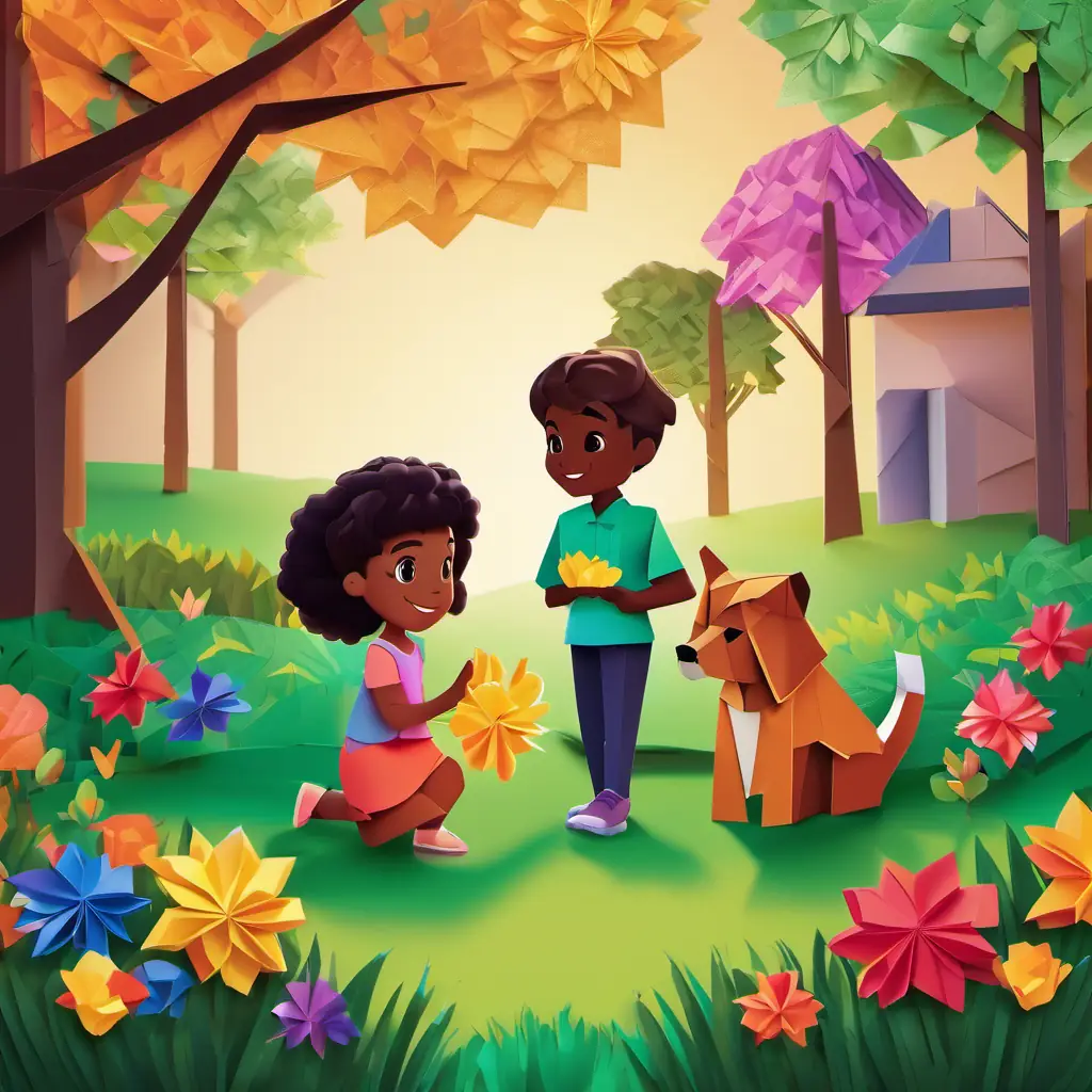 Ana has light brown skin and sparkling brown eyes and Ernesto has dark brown skin and curious hazel eyes are playing in their yard with green grass and colorful flowers. Underneath a bush, a glowing light illuminates the area.