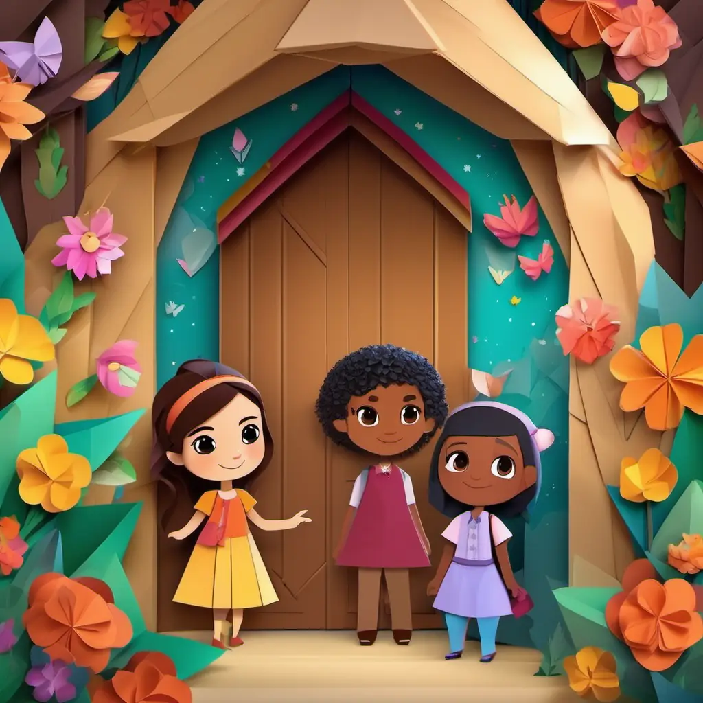 Ana has light brown skin and sparkling brown eyes and Ernesto has dark brown skin and curious hazel eyes stand in awe as a small door appears, behind the door lies a magical world with talking animals, colorful flowers, and sparkly trees.