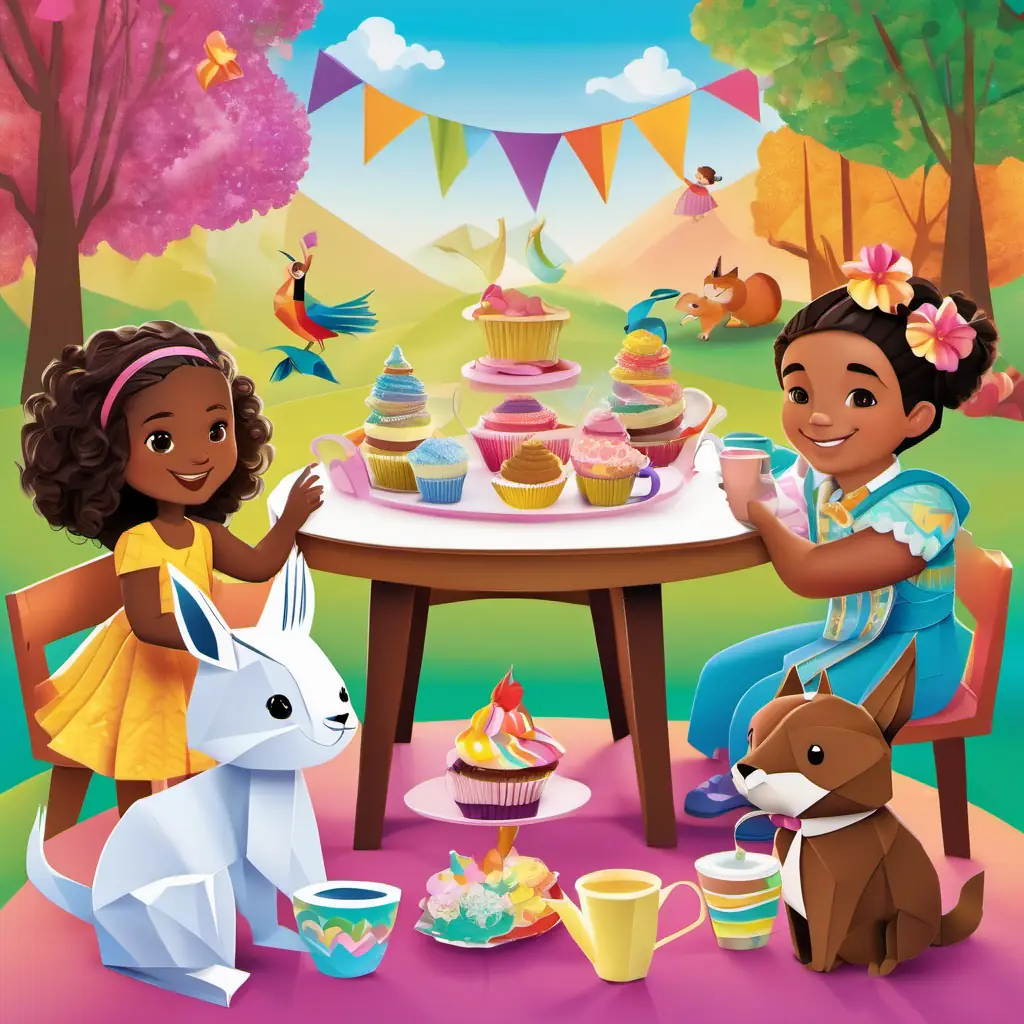 Ana has light brown skin and sparkling brown eyes and Ernesto has dark brown skin and curious hazel eyes happily sit at a colorful tea party table surrounded by friendly animals, enjoying rainbow tea and delicious cupcakes.