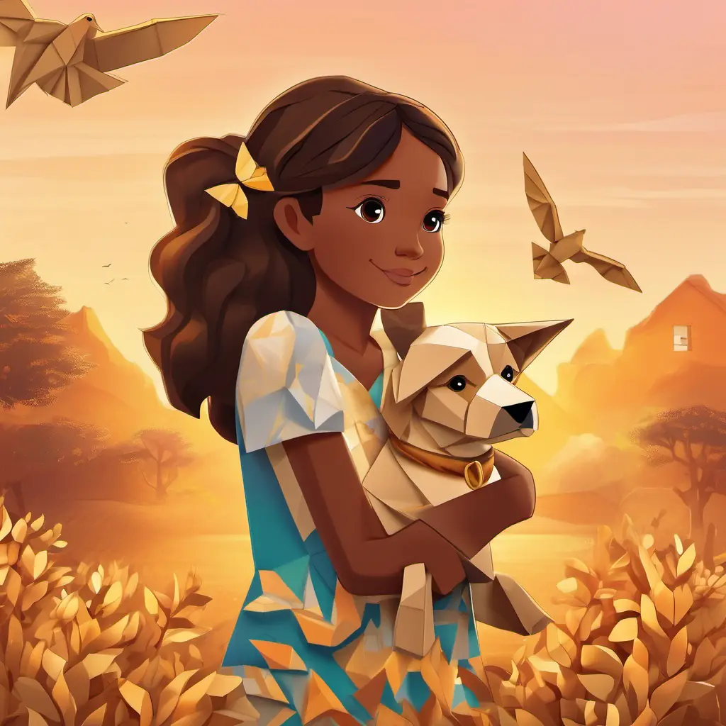 Ana has light brown skin and sparkling brown eyes and Ernesto has dark brown skin and curious hazel eyes wave goodbye to their animal friends, ready to return home. The golden sunset sky shines above them, creating a warm and peaceful atmosphere.