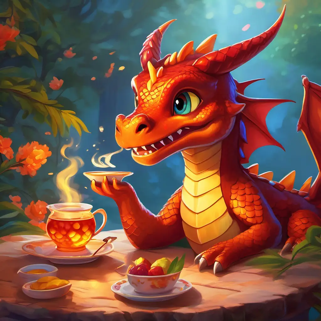 Young dragon with fiery red scales and bright amber eyes invites friends to the tea party, showing excitement