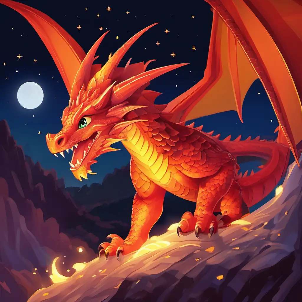 Night falls with stars, Young dragon with fiery red scales and bright amber eyes content with the successful party