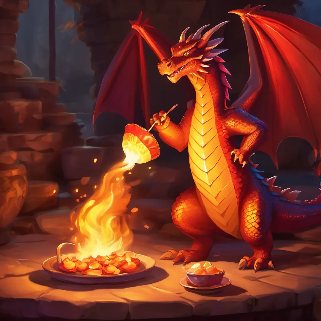 Young dragon with fiery red scales and bright amber eyes preparing for the party, using tail to light fire for tea