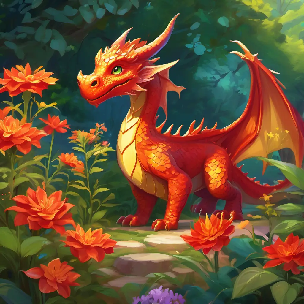 Young dragon with fiery red scales and bright amber eyes picking flowers and herbs in the garden for the tea