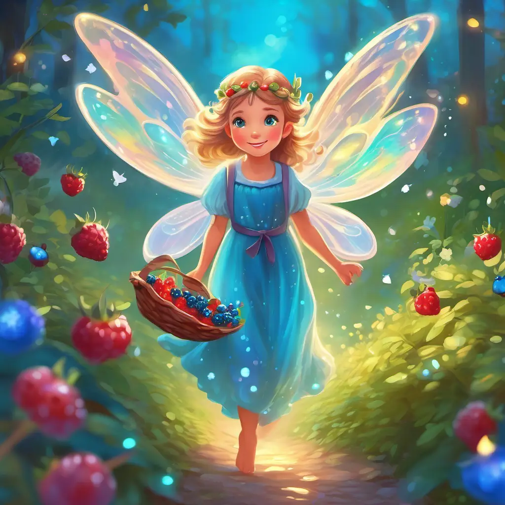 Petite fairy with iridescent wings and sky-blue eyes arrives with sweet berries, leaving sparkling fairy dust trail