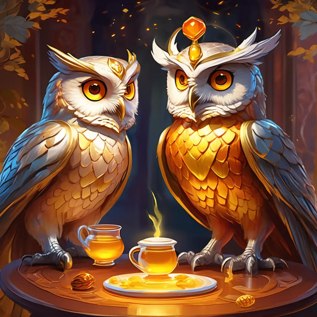 Wise owl with silver feathers and intelligent, yellow eyes presents golden honey to Young dragon with fiery red scales and bright amber eyes, enhancing the tea party experience