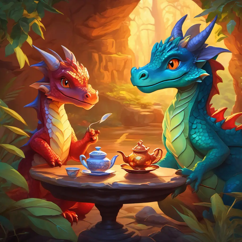 Tea party in progress, Young dragon with fiery red scales and bright amber eyes sharing ancestral stories, friends admiring