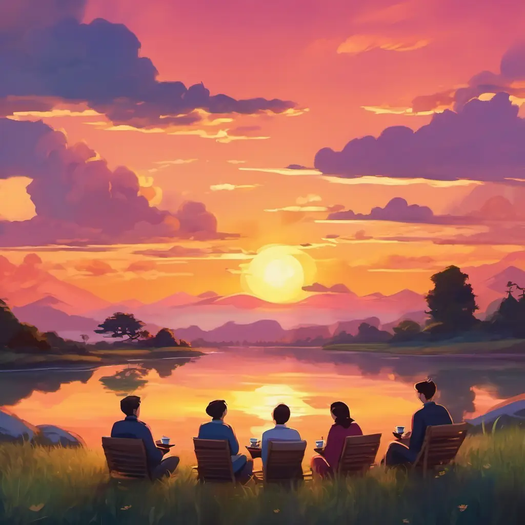 Peaceful sunset ambiance, friends enjoying tea and the colorful sky