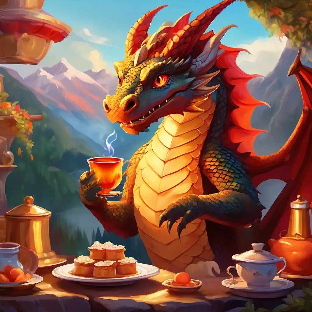 Introduction to Young dragon with fiery red scales and bright amber eyes the dragon, setting up a tea party in mountains