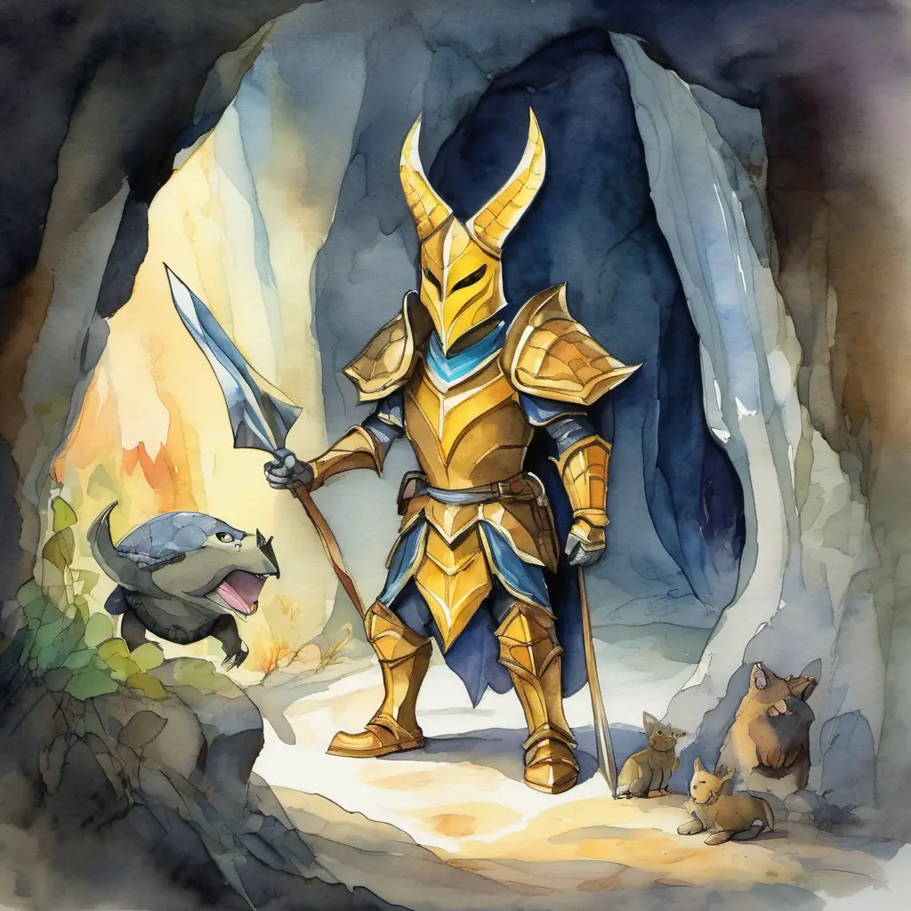 Brave figure with golden armor and a big smile and Friendly figure with colorful armor and a mischievous grin confront the sneaky Sneaky creature with a wicked smile and pointy ears in a dark cave.