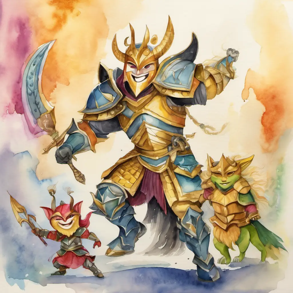 Brave figure with golden armor and a big smile, Friendly figure with colorful armor and a mischievous grin, and the Sneaky creature with a wicked smile and pointy ears engage in a fierce battle.
