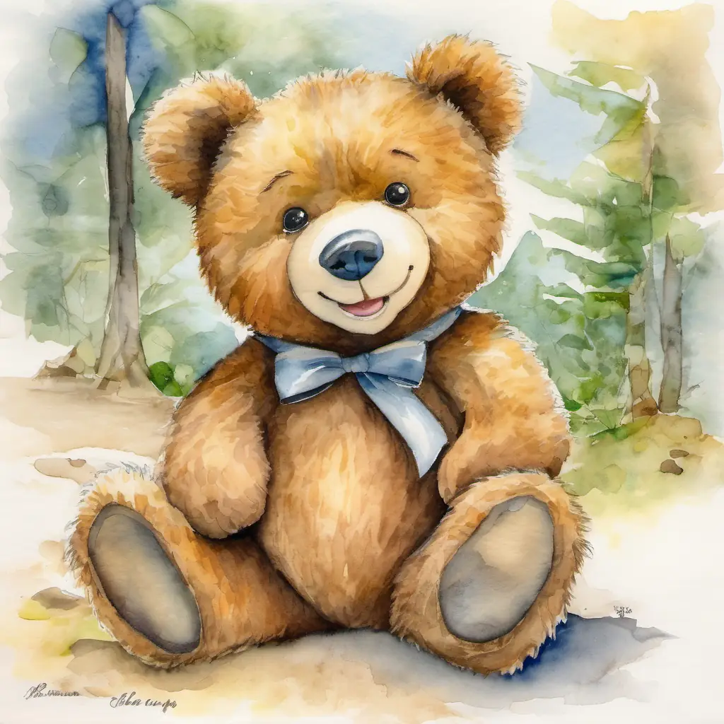 Ursinho felpudo, sorriso grande, olhos brilhantes, castanho claro, the teddy bear, takes charge and suggests to play.