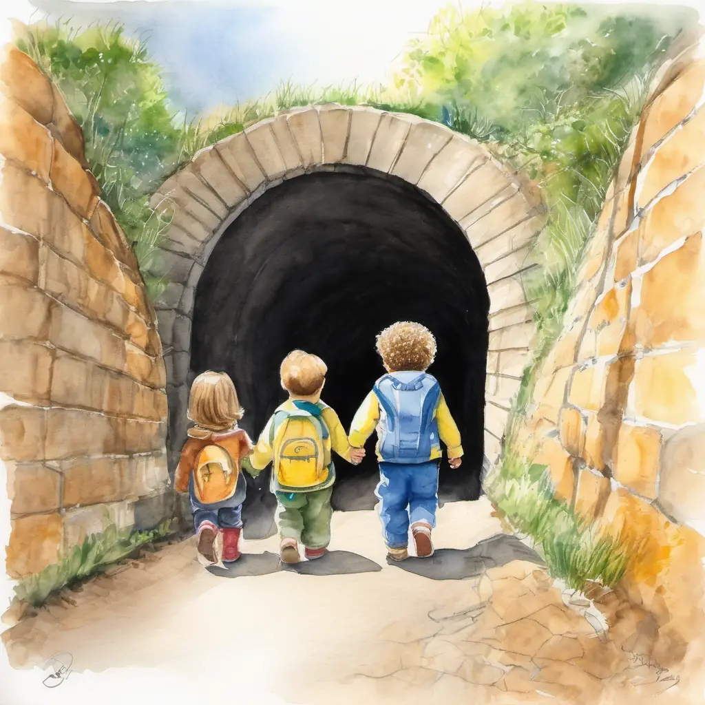 Braving the tunnel, toys hold hands, Ursinho felpudo, sorriso grande, olhos brilhantes, castanho claro leads.