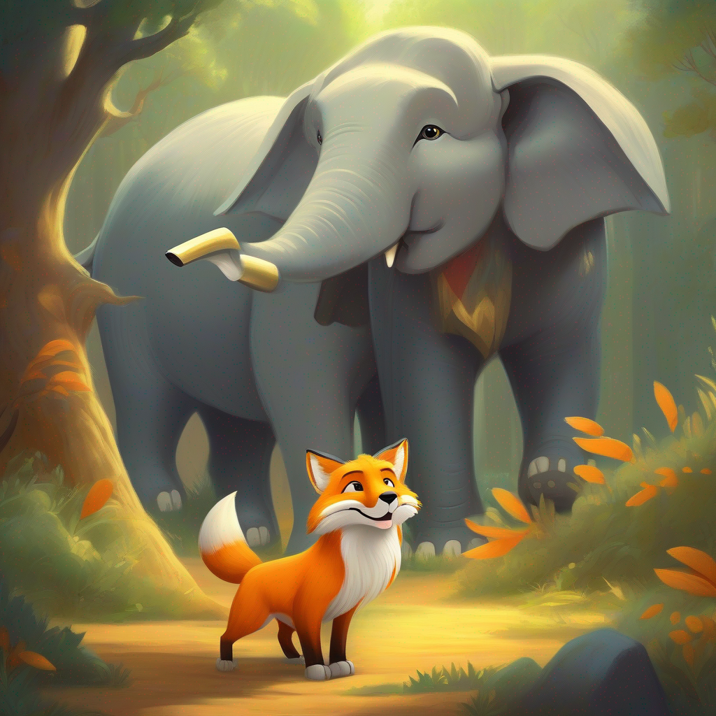 A clever fox with orange fur and a mischievous grin. the fox listening to the A majestic lion with golden fur and a loud roar. and the A wise elephant with gray wrinkled skin and big tusks..