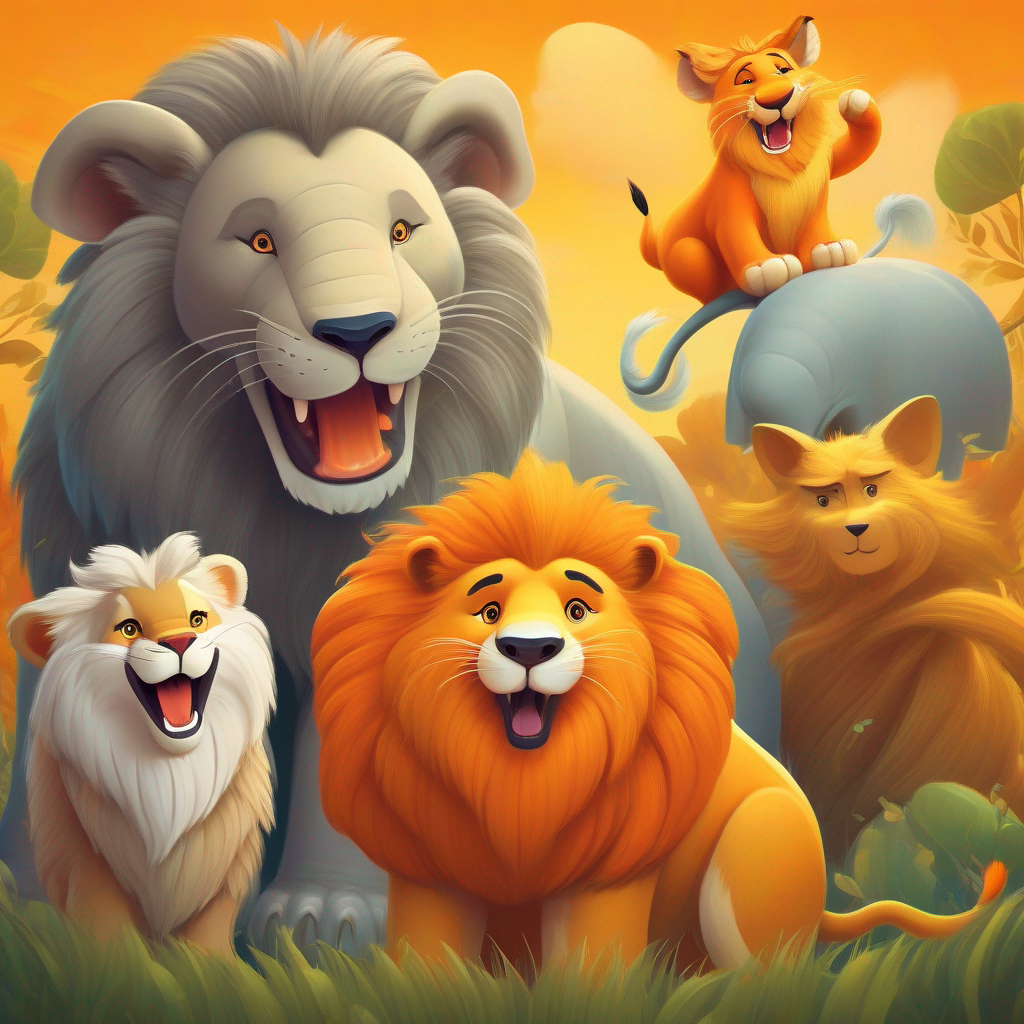 The A majestic lion with golden fur and a loud roar. and the A wise elephant with gray wrinkled skin and big tusks. become friends thanks to A clever fox with orange fur and a mischievous grin..