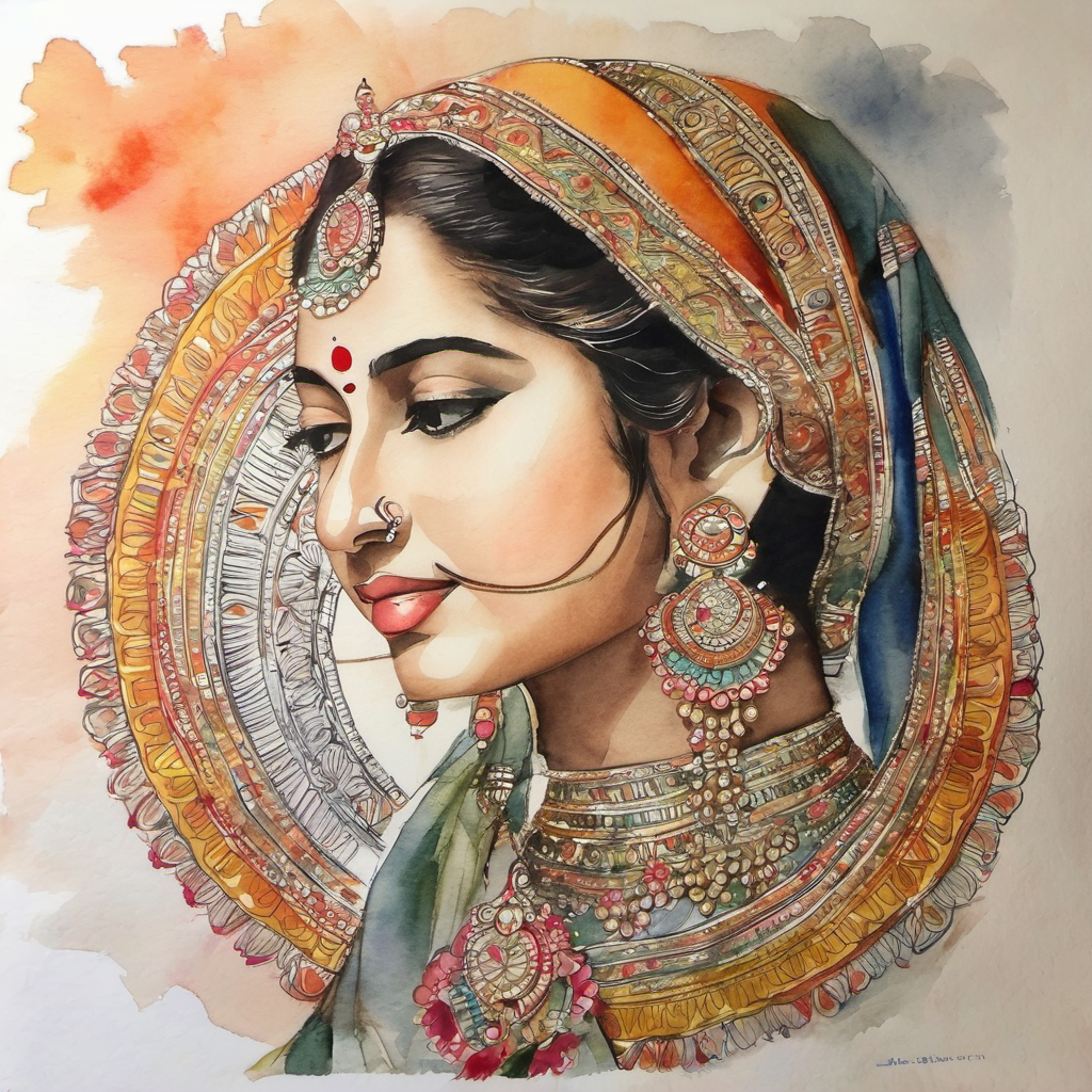 भव्य मेहंदी, भगवा घाघरा काली नाइंटस्टैंड ले रही है।