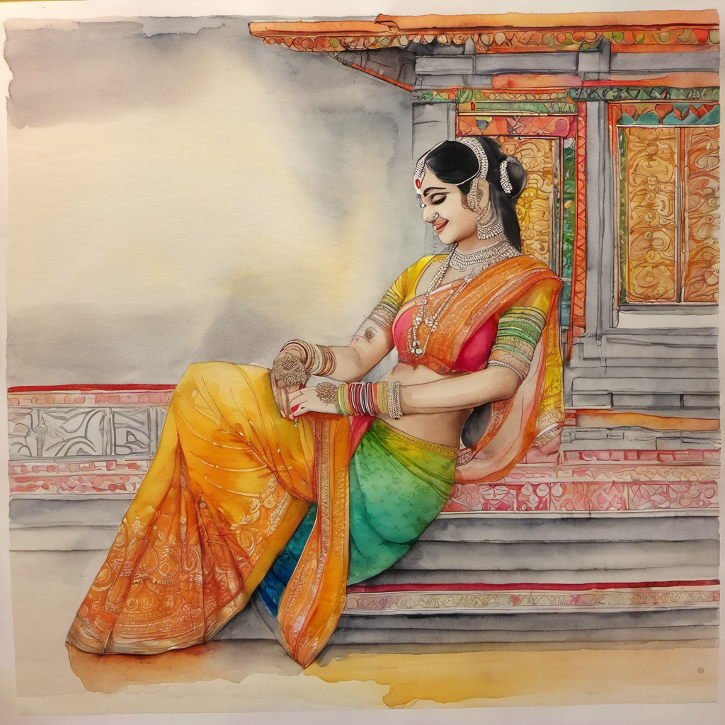 भव्य मेहंदी, भगवा घाघरा भव्य मेहंदी लगा रही है।