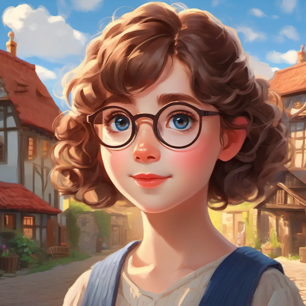 Introduction, small village, young girl named Curly brown hair, big blue eyes, glasses, always curious, her love for IT, her appearance