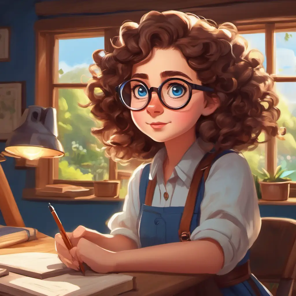 Curly brown hair, big blue eyes, glasses, always curious deciding to solve a problem in her village using her IT skills