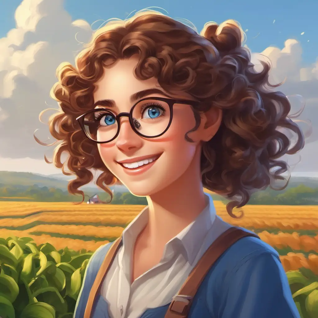 Curly brown hair, big blue eyes, glasses, always curious creating her special program to help the Strong and hardworking, with big smiles track their crops