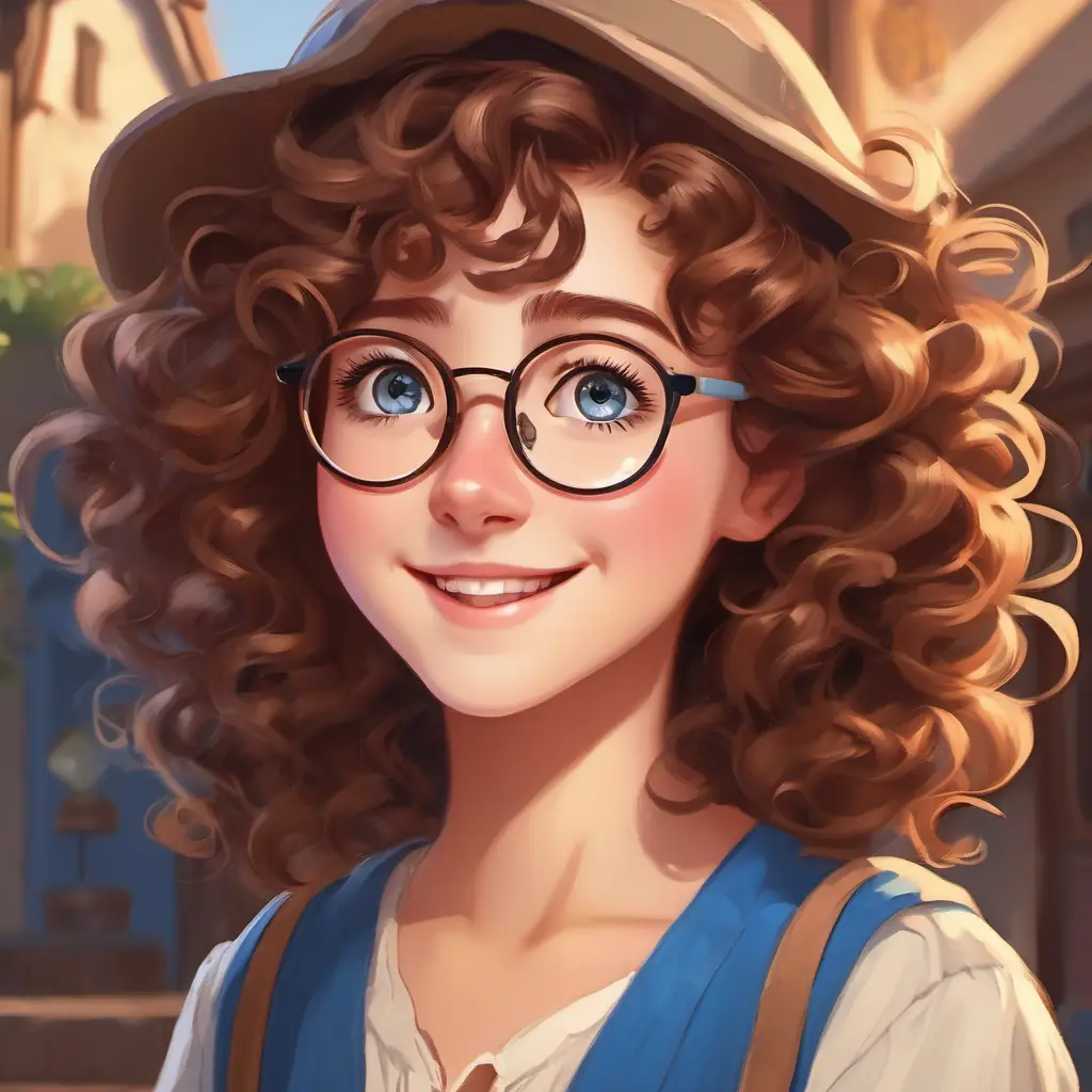 Curly brown hair, big blue eyes, glasses, always curious showing the Strong and hardworking, with big smiles her program and the village's reaction