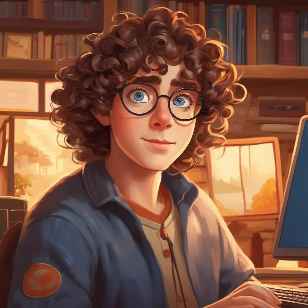 Curly brown hair, big blue eyes, glasses, always curious becoming the village's IT hero and teaching others about computers