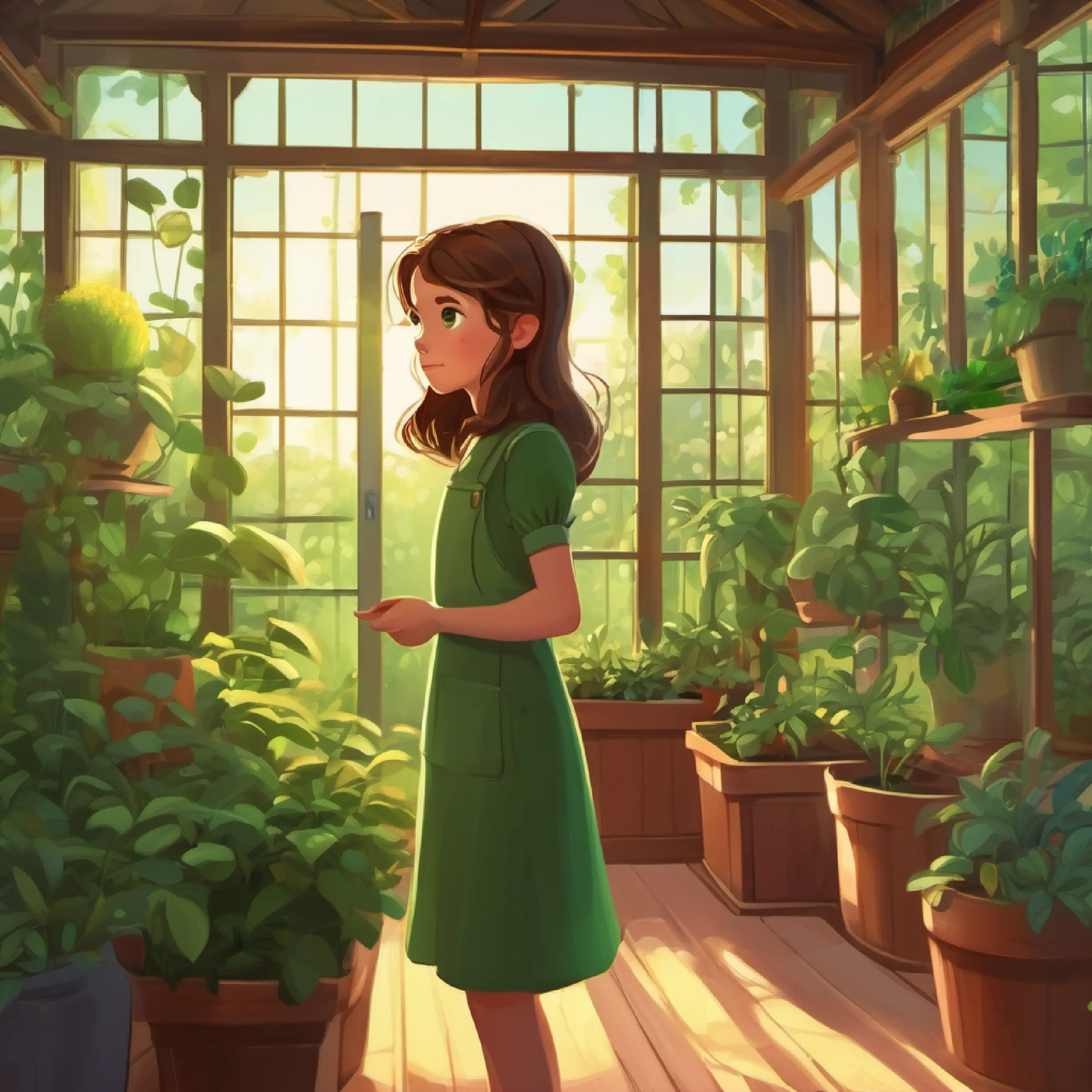 Introduction of Young girl with brown hair and green eyes and setting in a little green house.