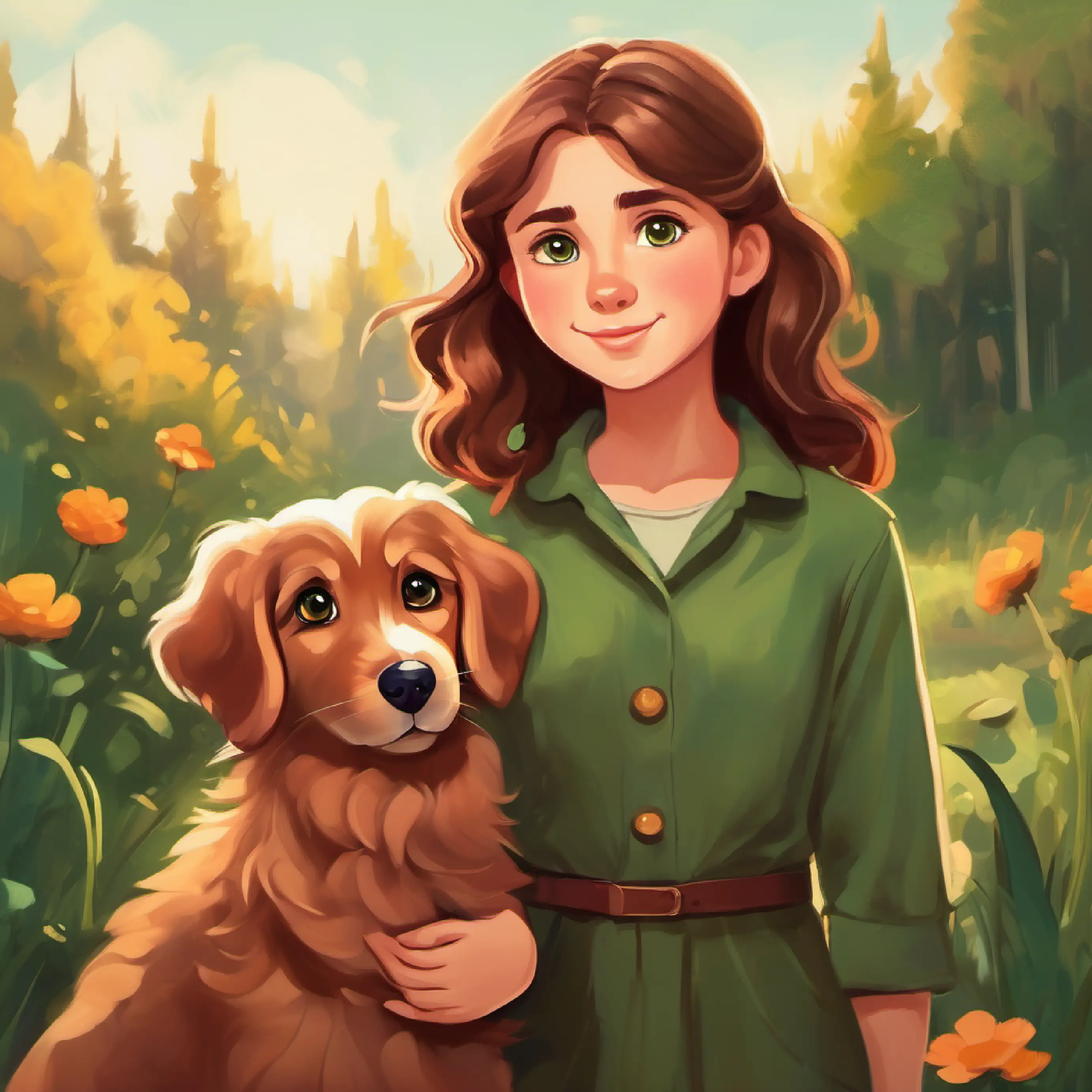 Young girl with brown hair and green eyes feels proud of Fluffy brown puppy with big eyes and floppy ears and expresses her love for him.