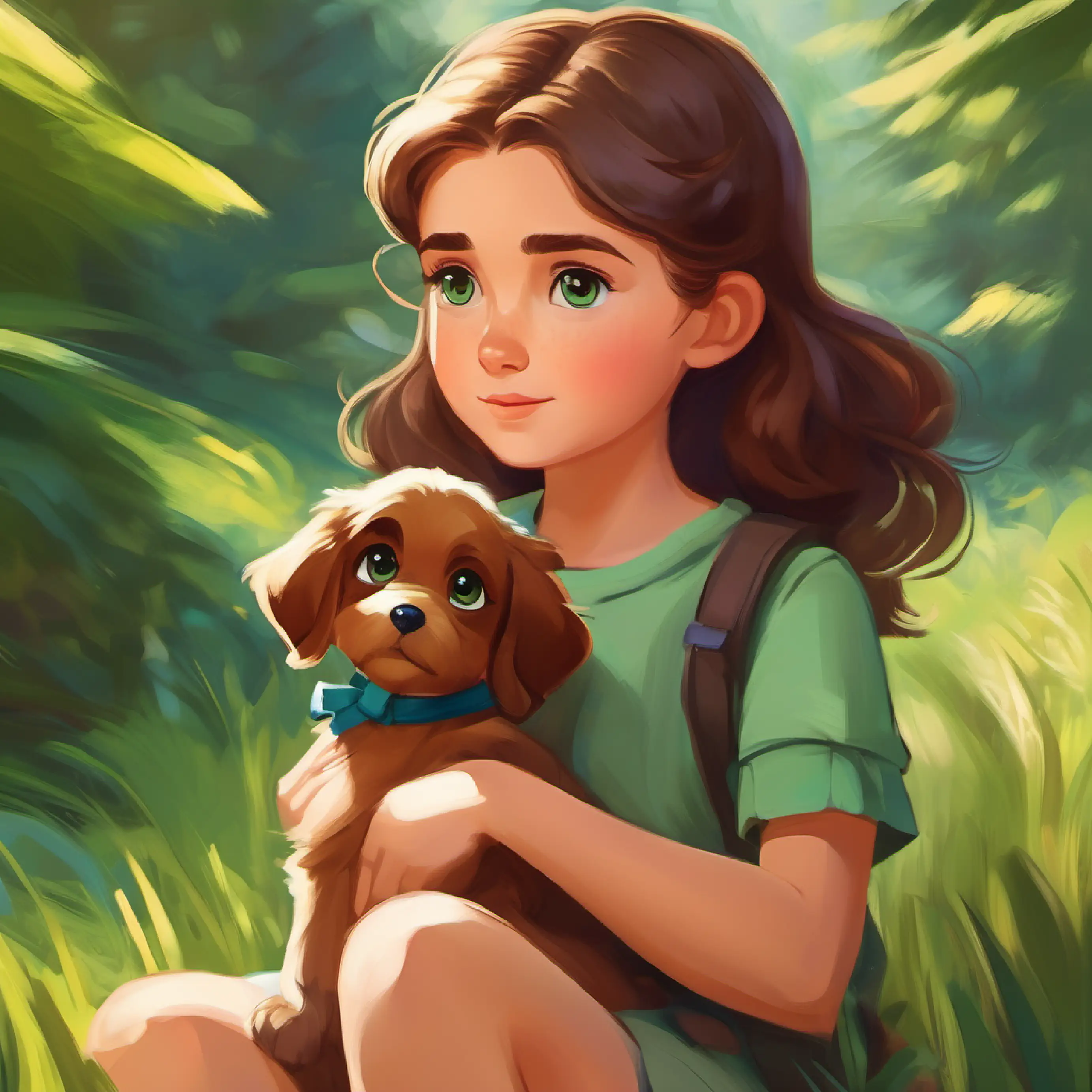 Young girl with brown hair and green eyes and Fluffy brown puppy with big eyes and floppy ears continue to have adventures together.