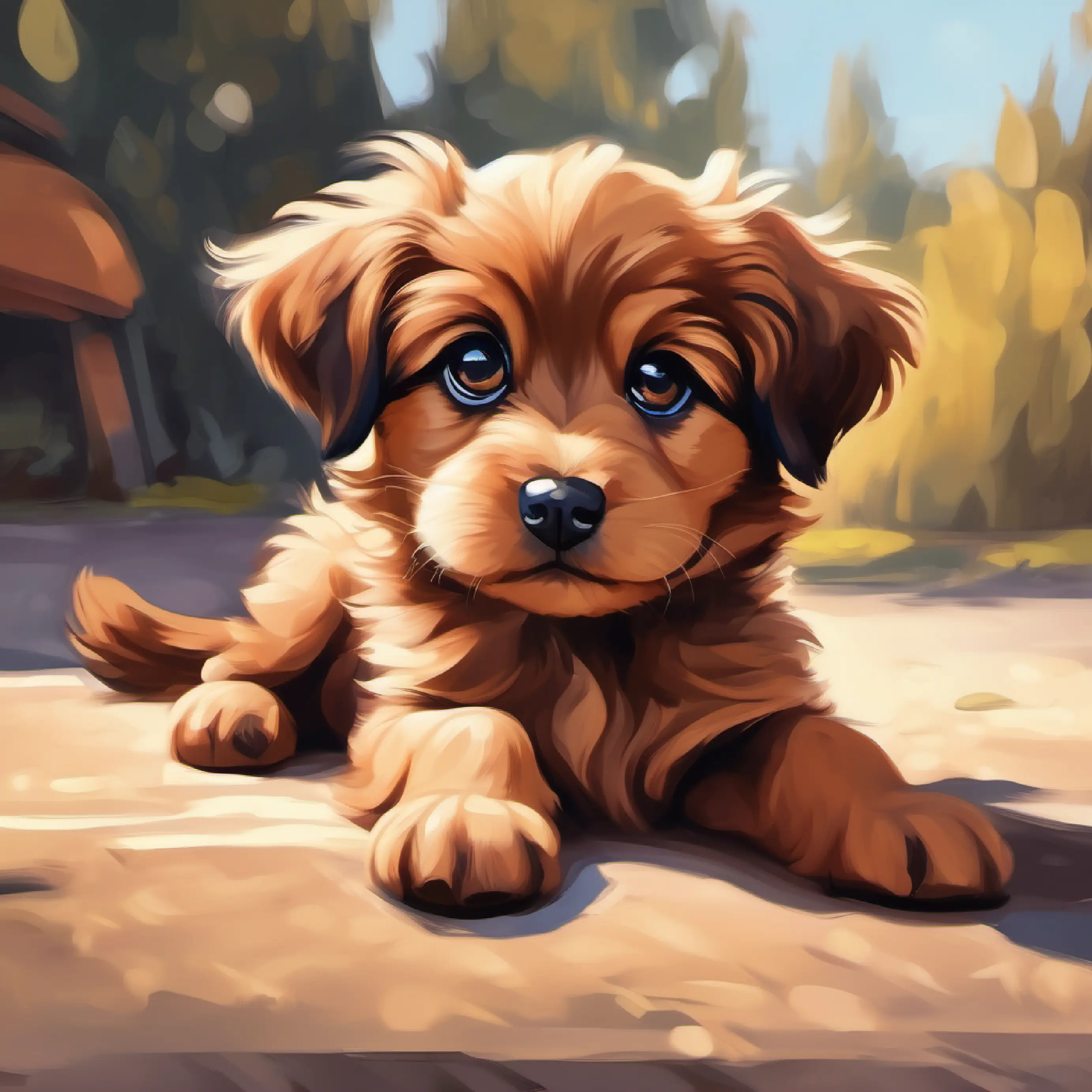 Description of Fluffy brown puppy with big eyes and floppy ears's appearance with big eyes and floppy ears.