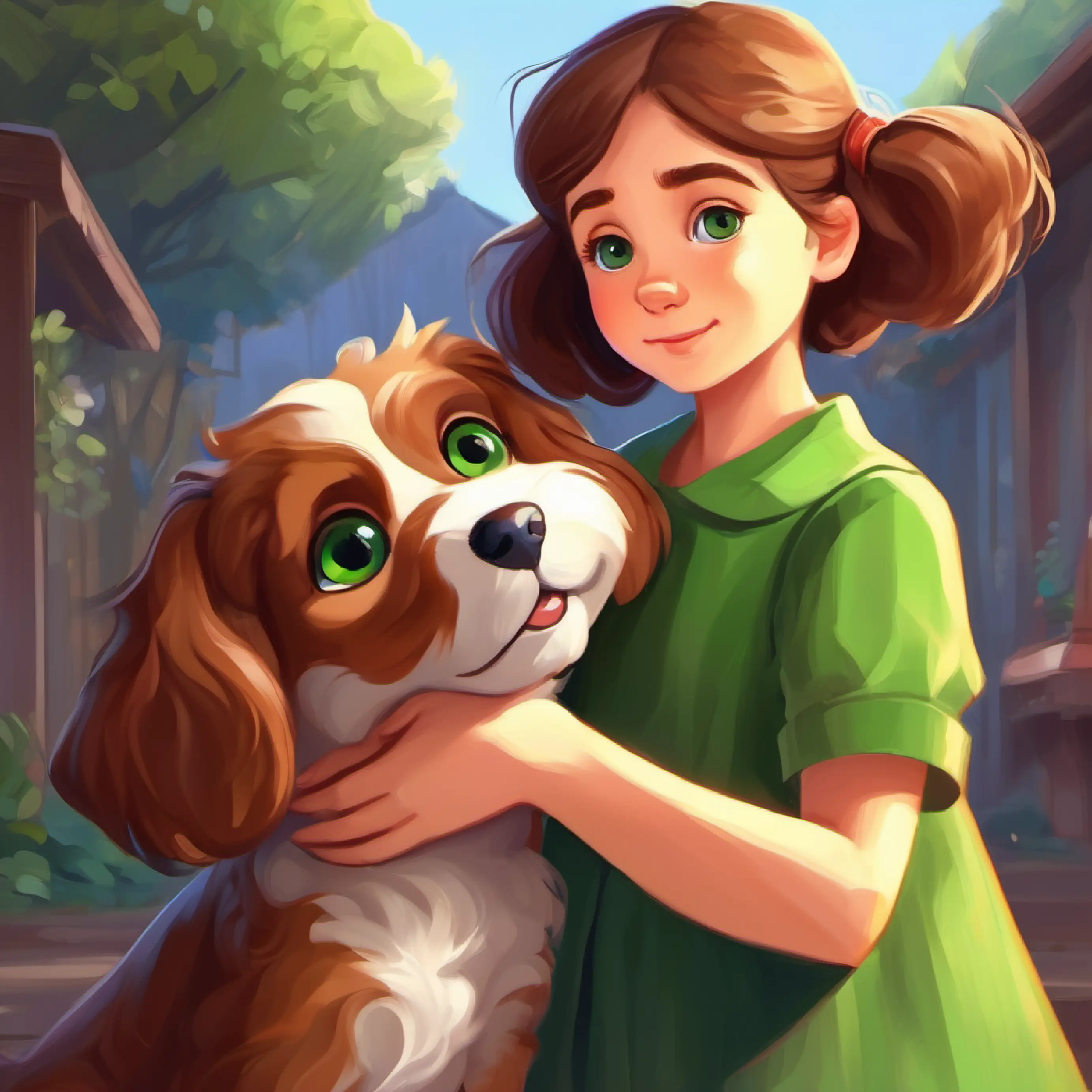 Young girl with brown hair and green eyes hugs Fluffy brown puppy with big eyes and floppy ears and he responds by wagging his tail.