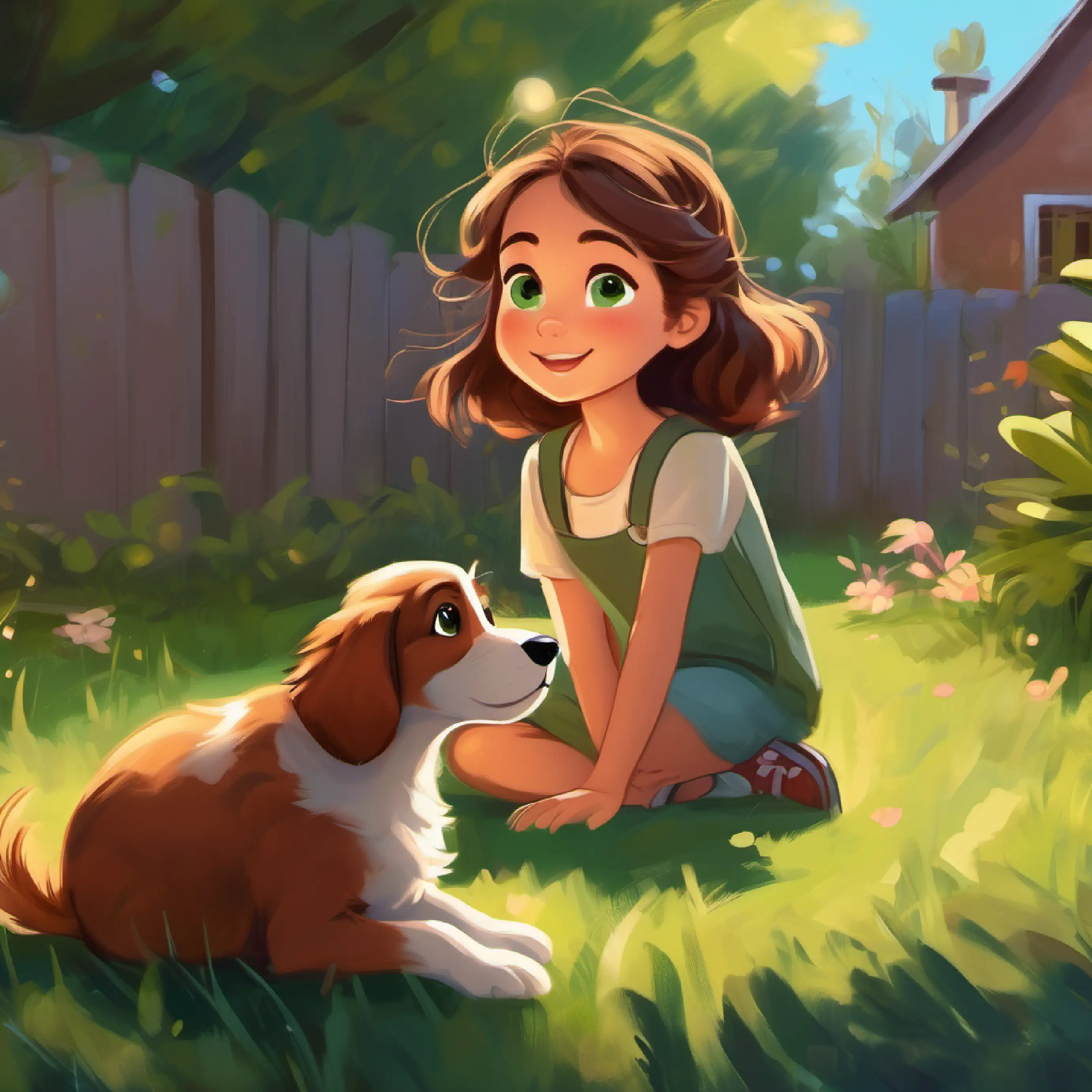 Young girl with brown hair and green eyes and Fluffy brown puppy with big eyes and floppy ears playing together in the backyard.