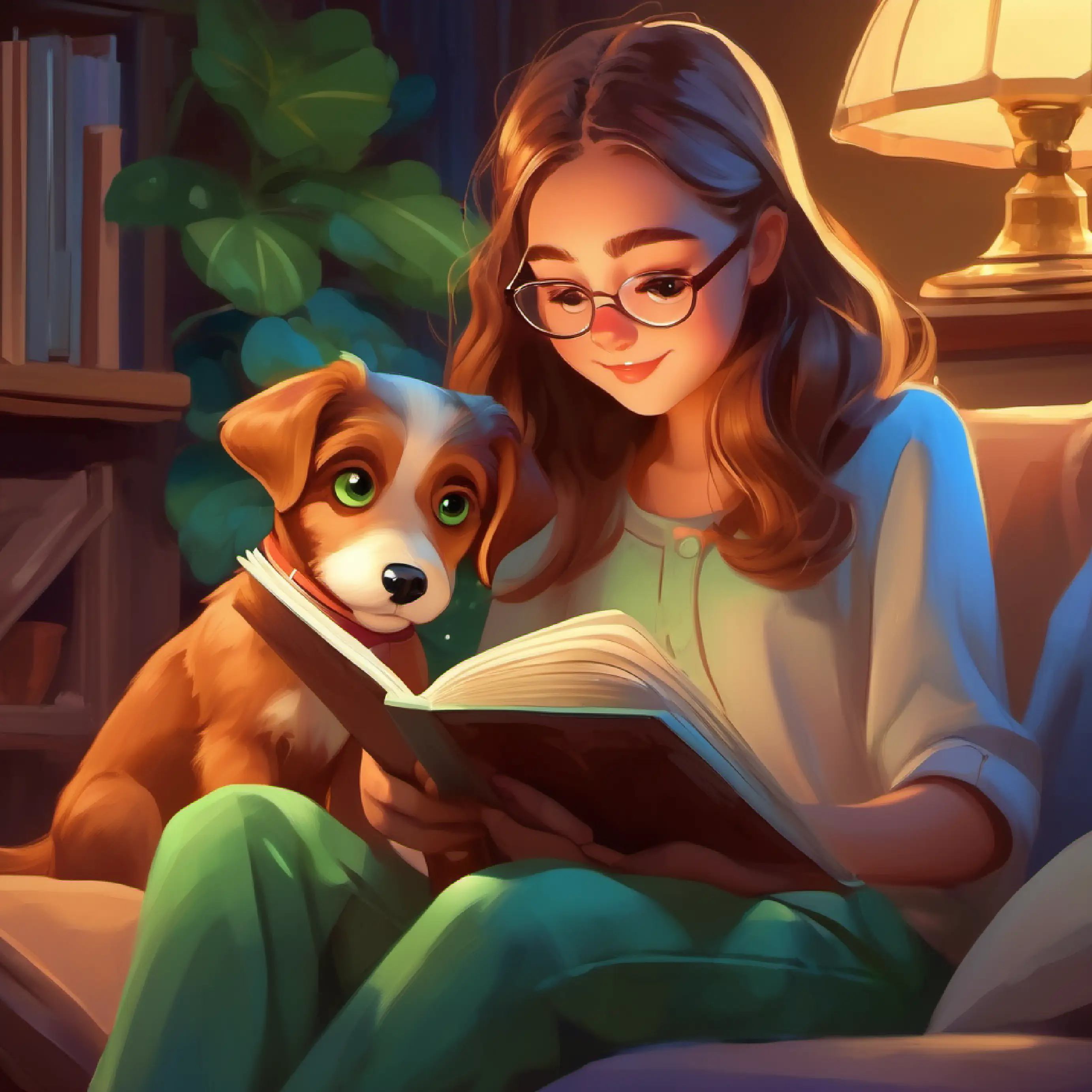 Young girl with brown hair and green eyes reads stories to Fluffy brown puppy with big eyes and floppy ears each evening.