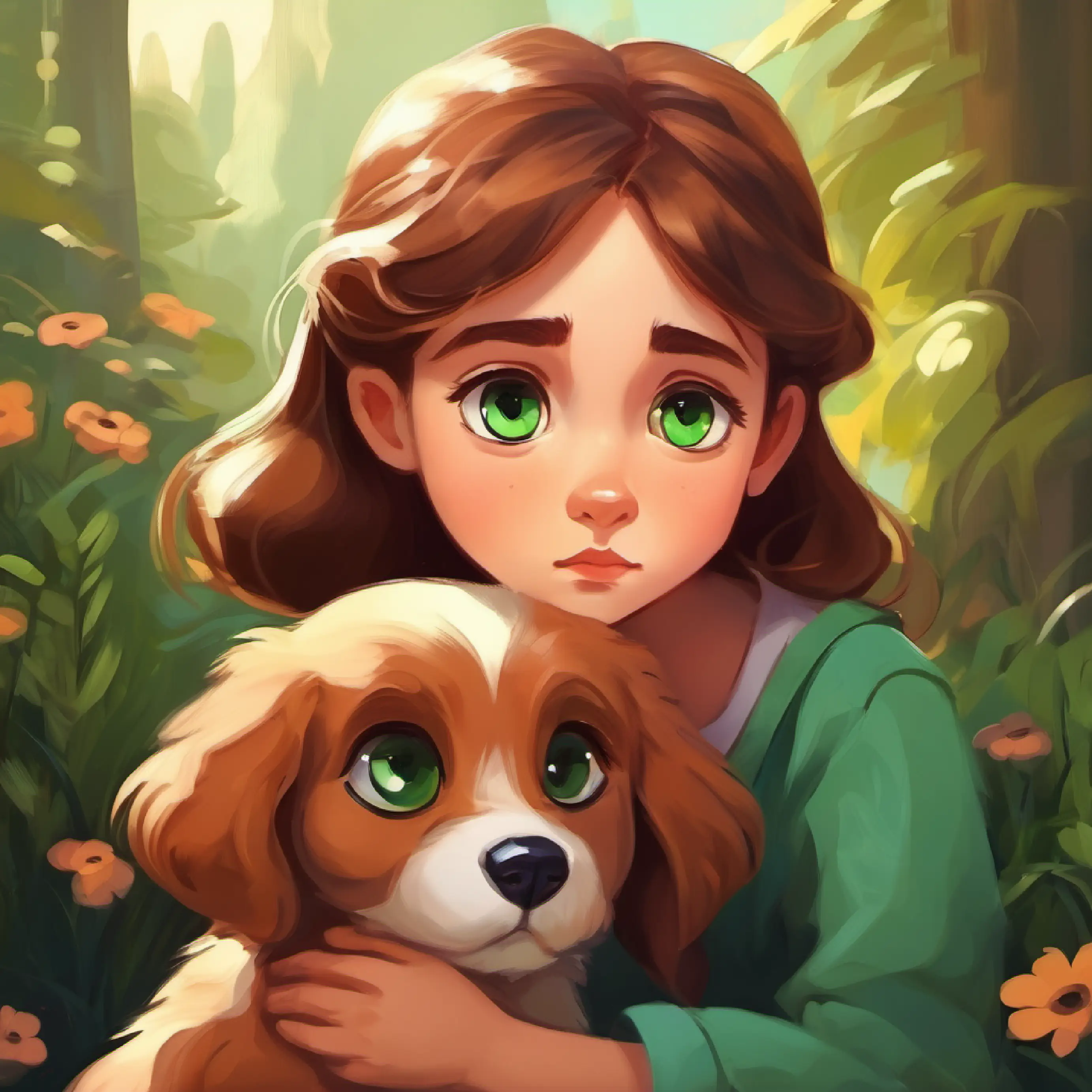 Young girl with brown hair and green eyes observes that Fluffy brown puppy with big eyes and floppy ears is sad and not active.