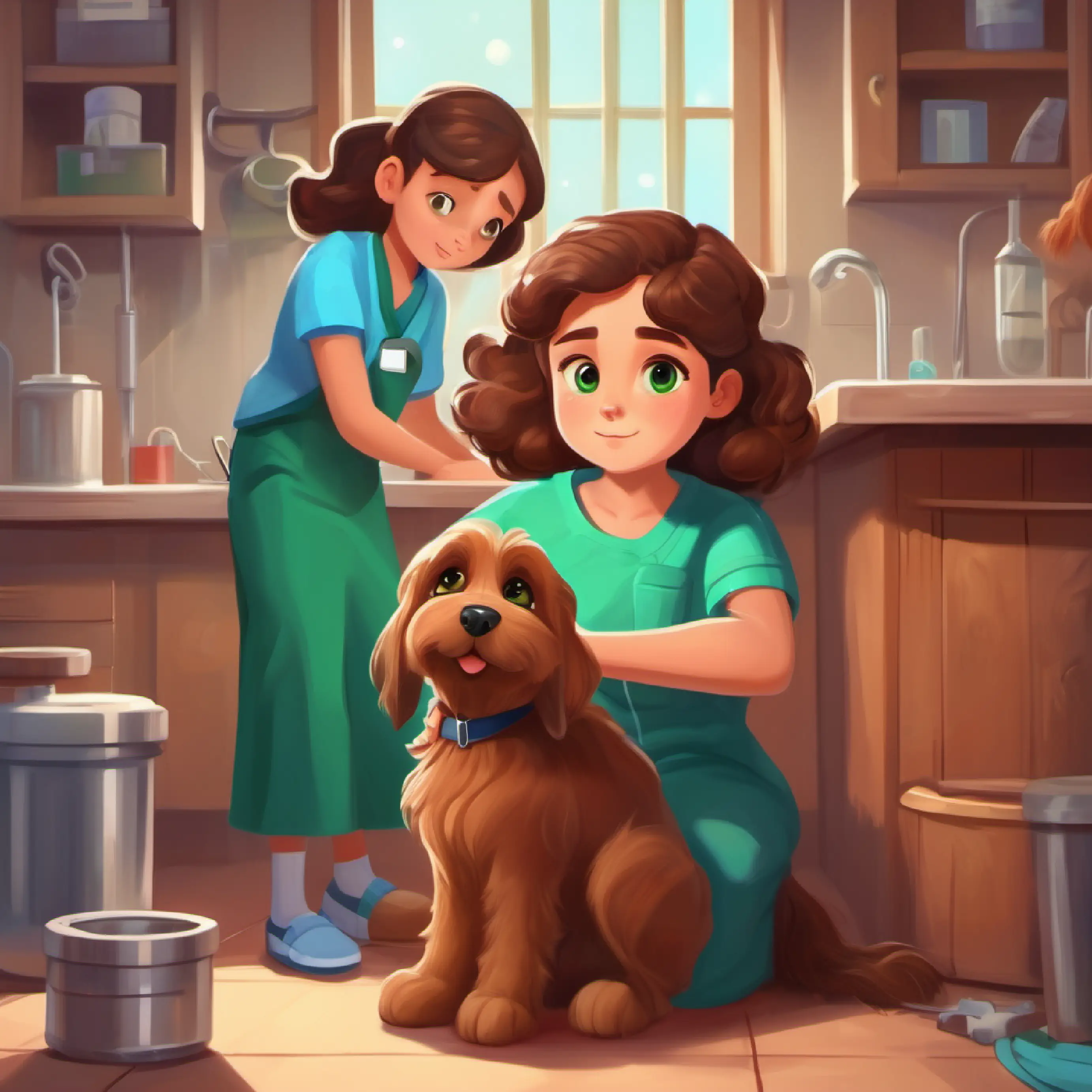 Young girl with brown hair and green eyes's family takes Fluffy brown puppy with big eyes and floppy ears to the vet who diagnoses him with a cold.