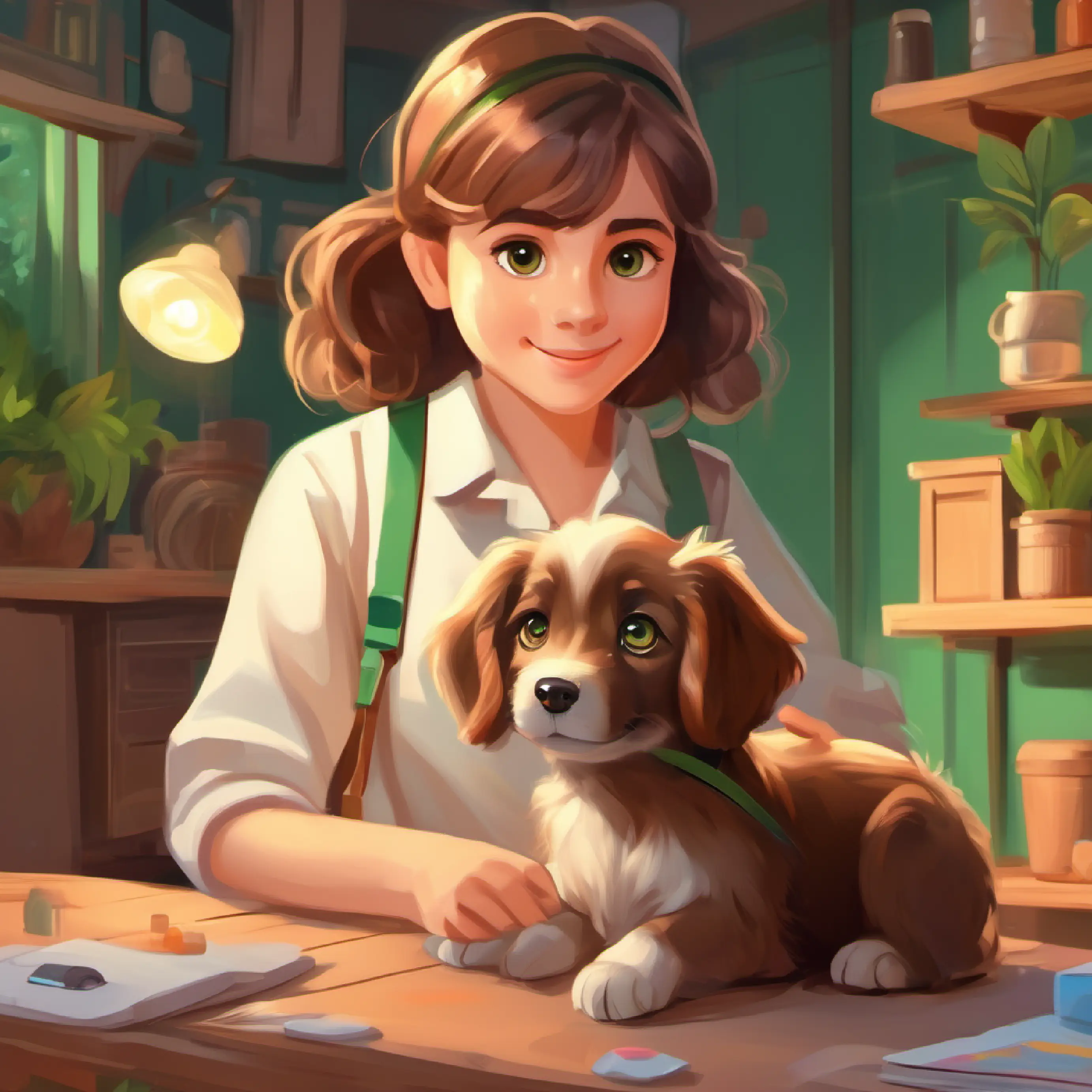 Fluffy brown puppy with big eyes and floppy ears recovers with care and medicine, making Young girl with brown hair and green eyes happy.