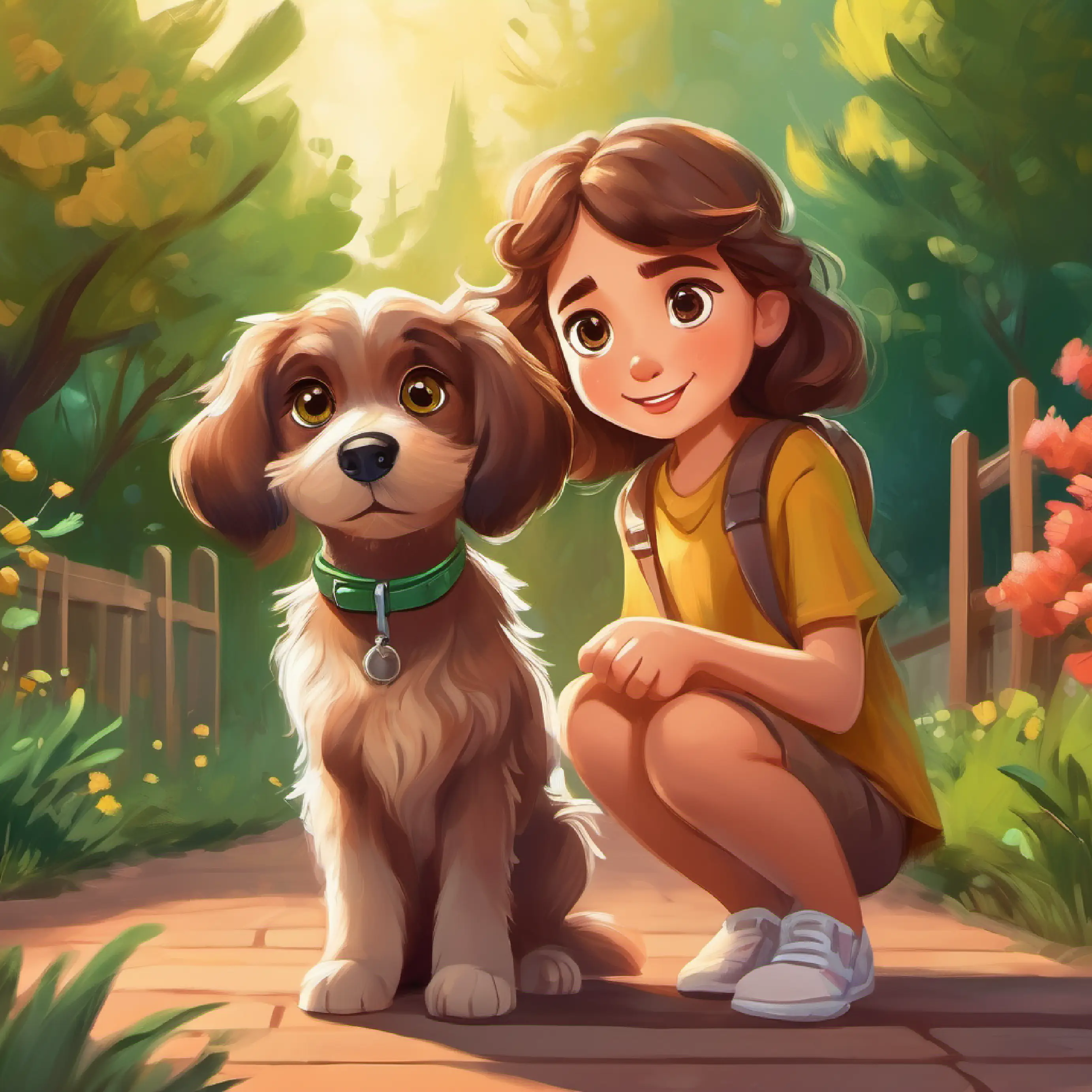 Fluffy brown puppy with big eyes and floppy ears returns to his playful self with Young girl with brown hair and green eyes in the backyard.