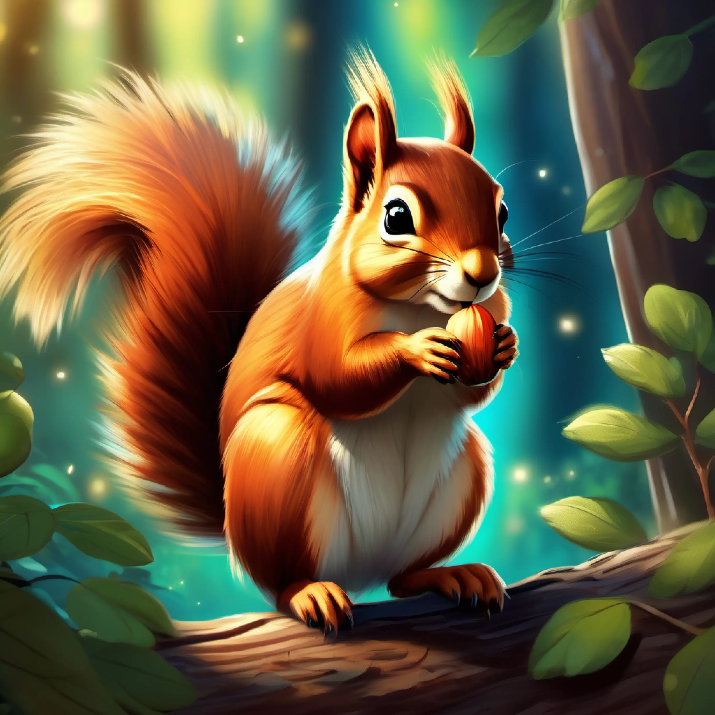 Furry squirrel with bright eyes and a bushy tail the squirrel in a glowing forest, finding a magical acorn.