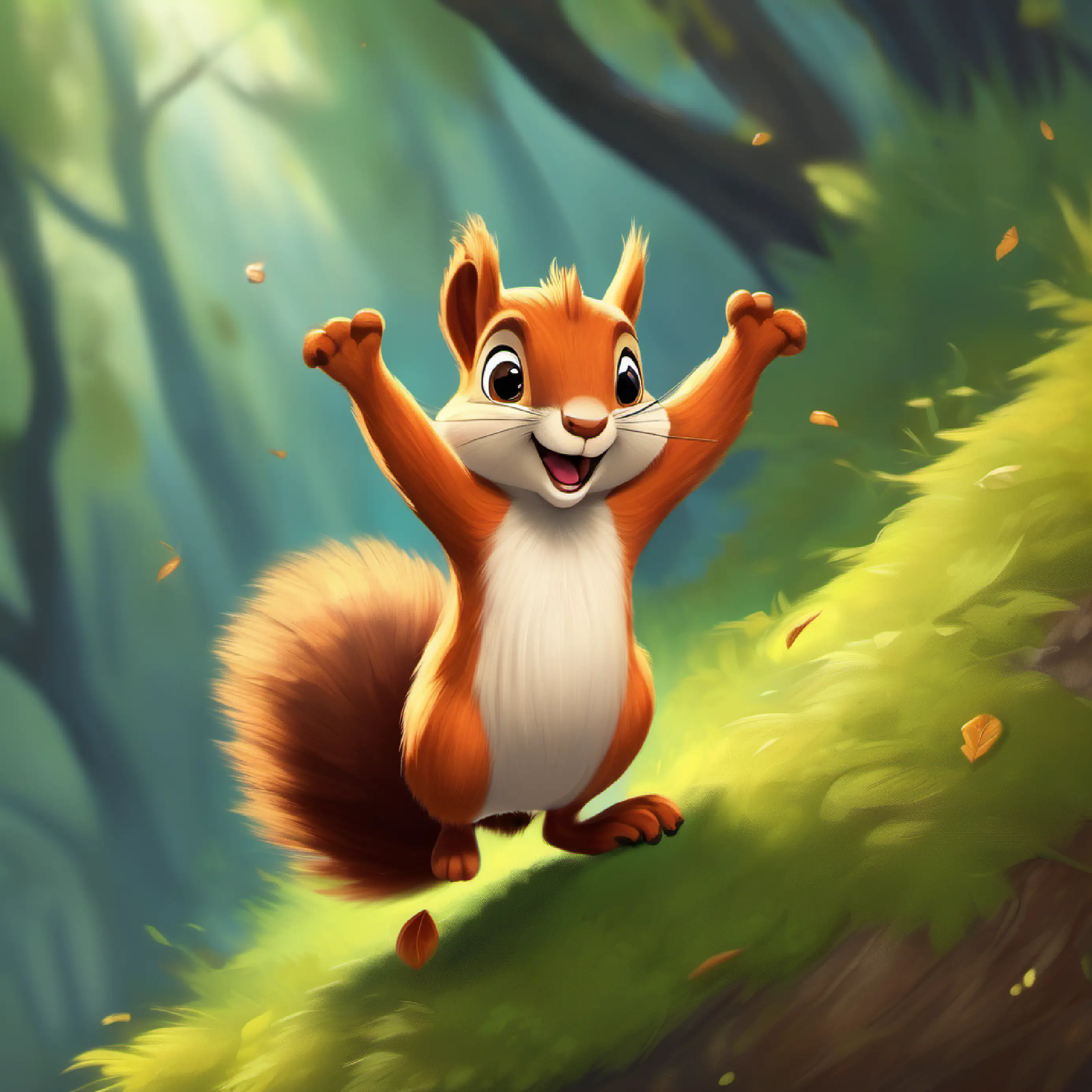Furry squirrel with bright eyes and a bushy tail feeling excited and surprised as he begins to levitate.