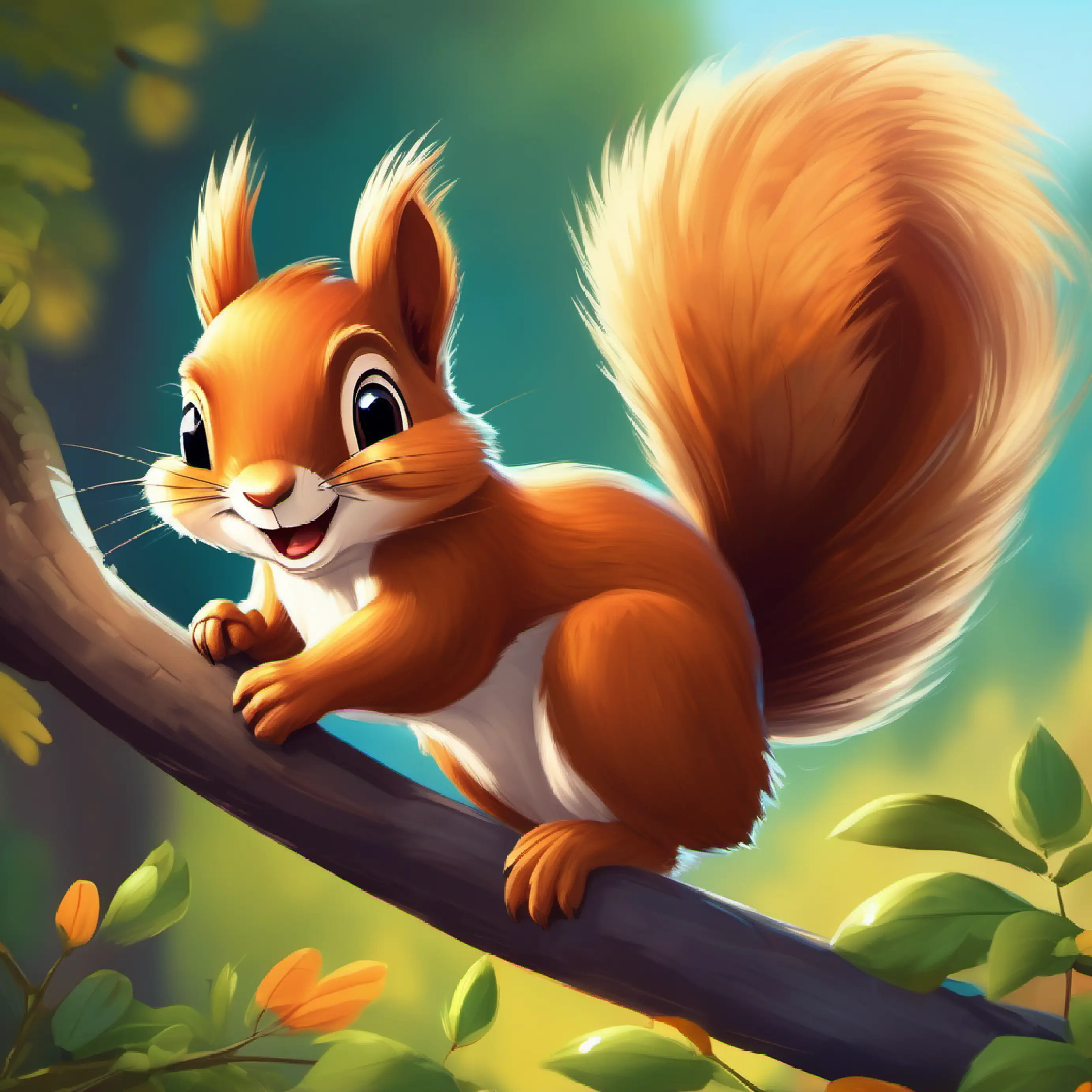 Furry squirrel with bright eyes and a bushy tail flying with a big happy smile on his face.