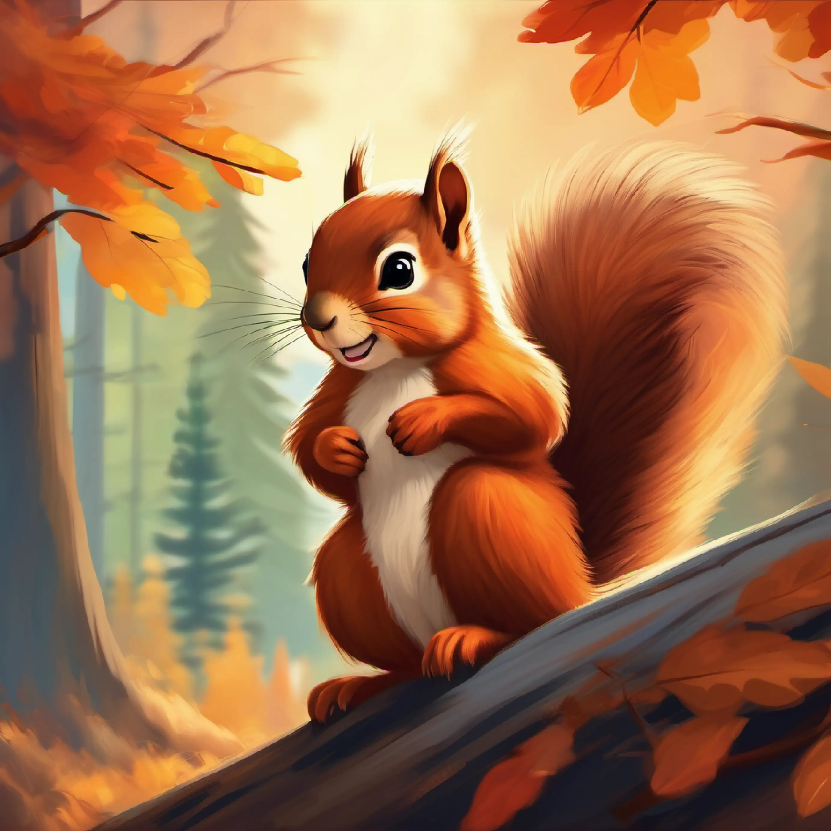 Furry squirrel with bright eyes and a bushy tail spotting a distant forest fire while flying.