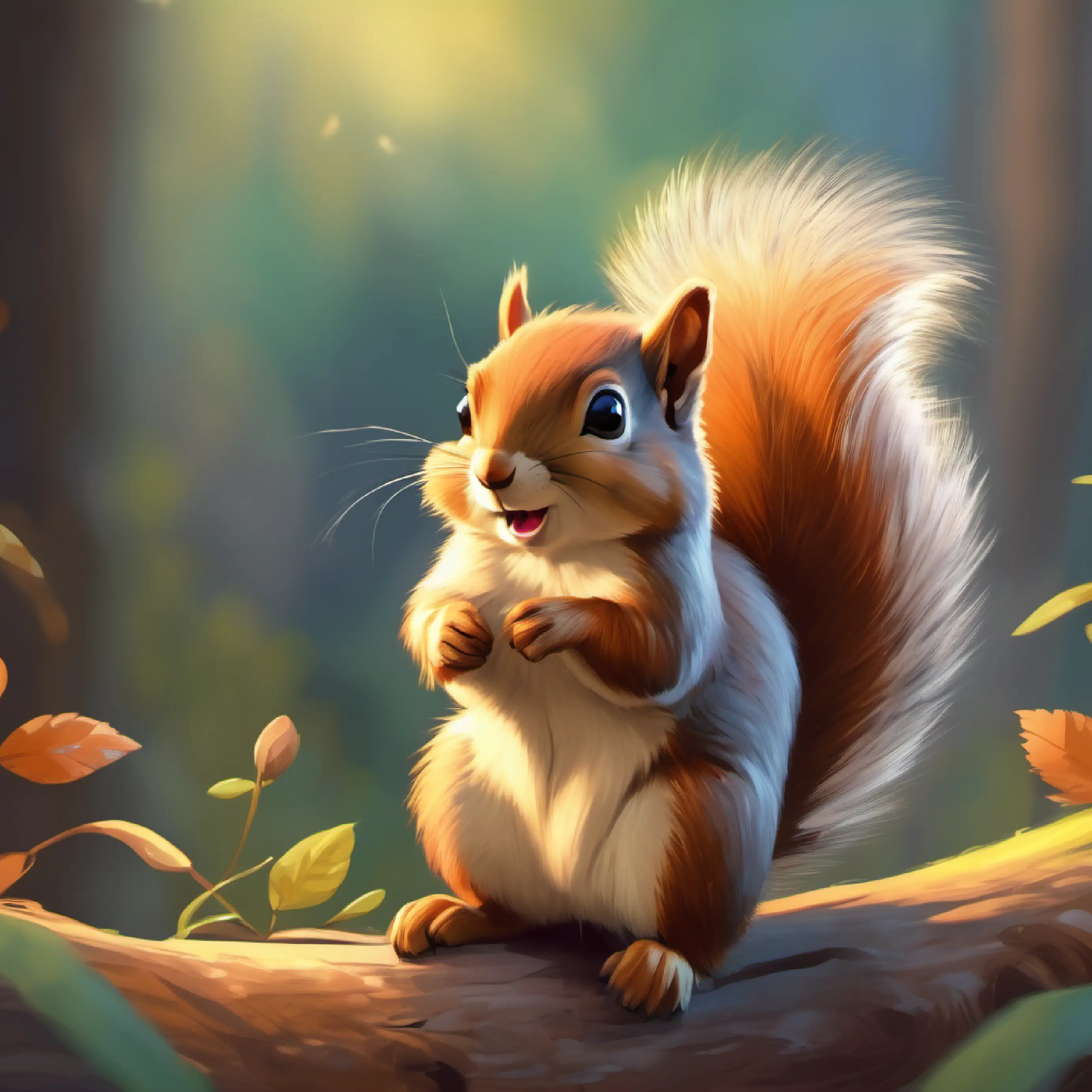 Furry squirrel with bright eyes and a bushy tail talking and gesturing to the other skeptical animals.